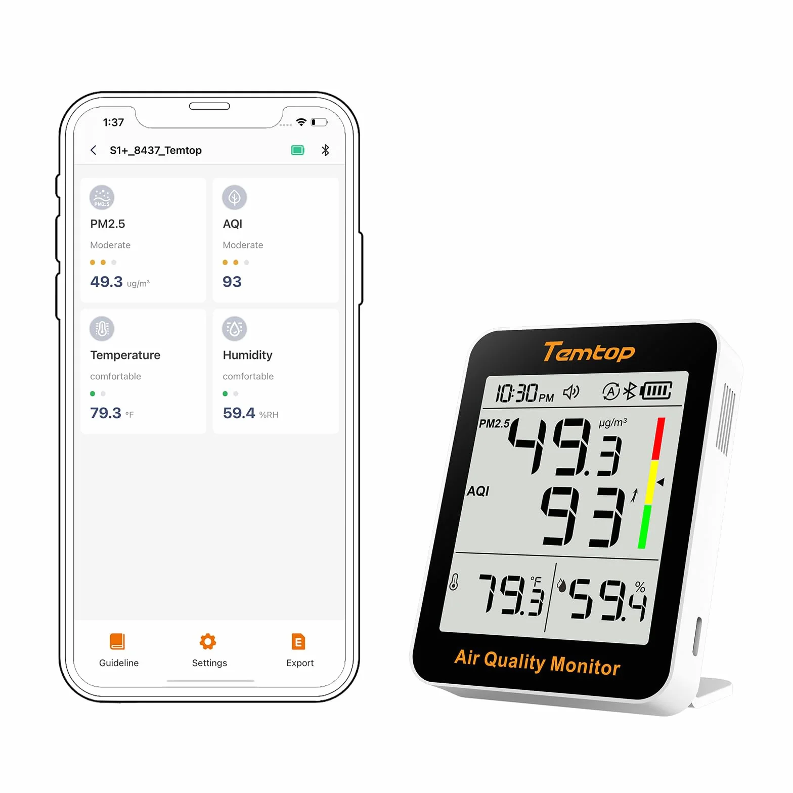 Temtop Monitor jakości powietrza, PM2.5, Bluetooth, termohigrometr, cyfrowy higrometr, do domu, biura, monitor wilgotności do sypialni, salonu, S1+