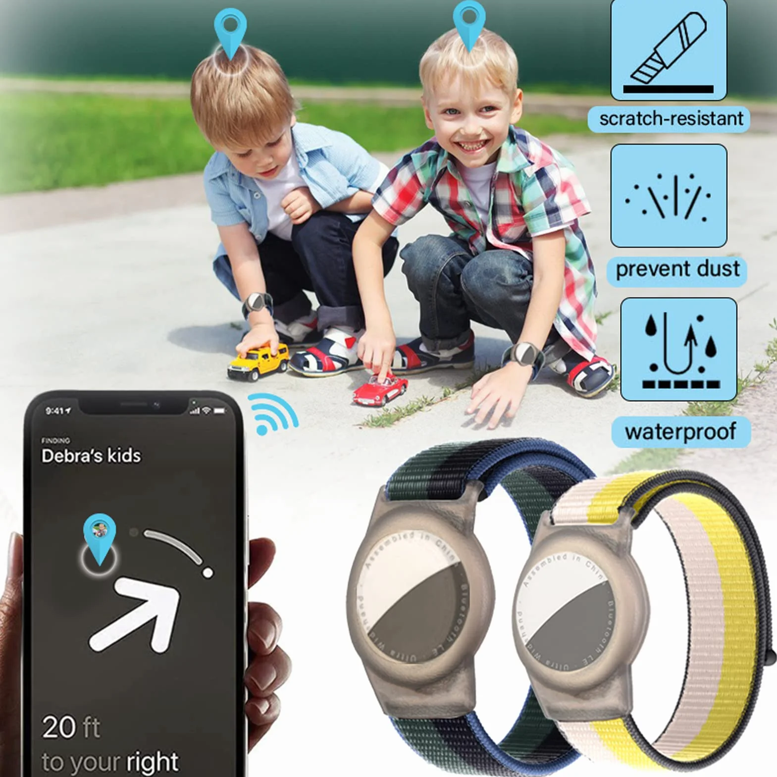 2 sztuki nylonowy pasek do zegarka dla dzieci, dla dzieci Anti-Lost Anti-Scratch Protection do pozycjonowania pasek dpaska do śledzenia Airtag wodoodporna (zielony + żółty)
