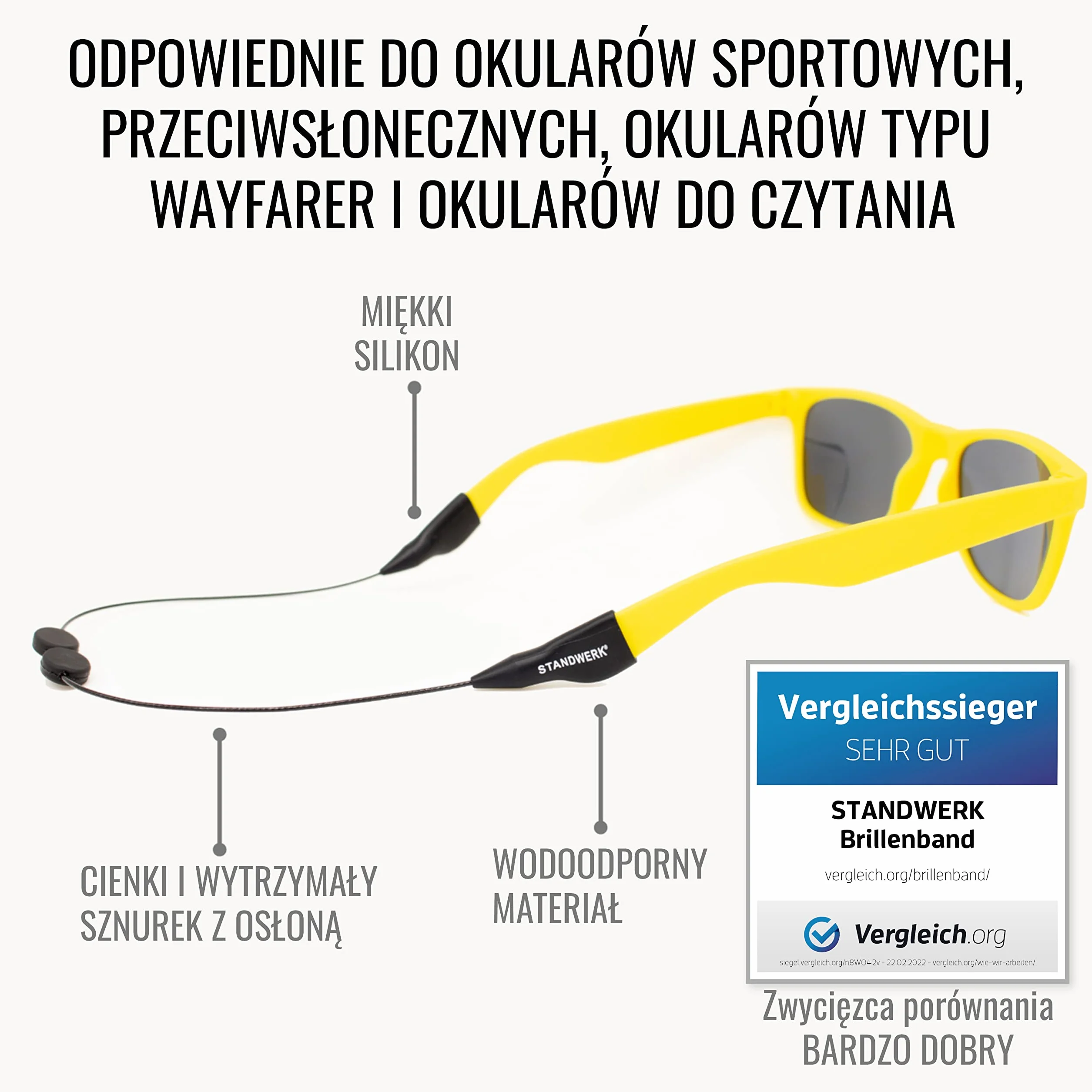 STANDWERK® Paski do okularów – wyjątkowo niezawodny pasek do okularów sportowych dla kobiet, dzieci, mężczyzn – uchwyt na okulary do uprawiania sportu i rekreacji – wodoodporny, elastyczny