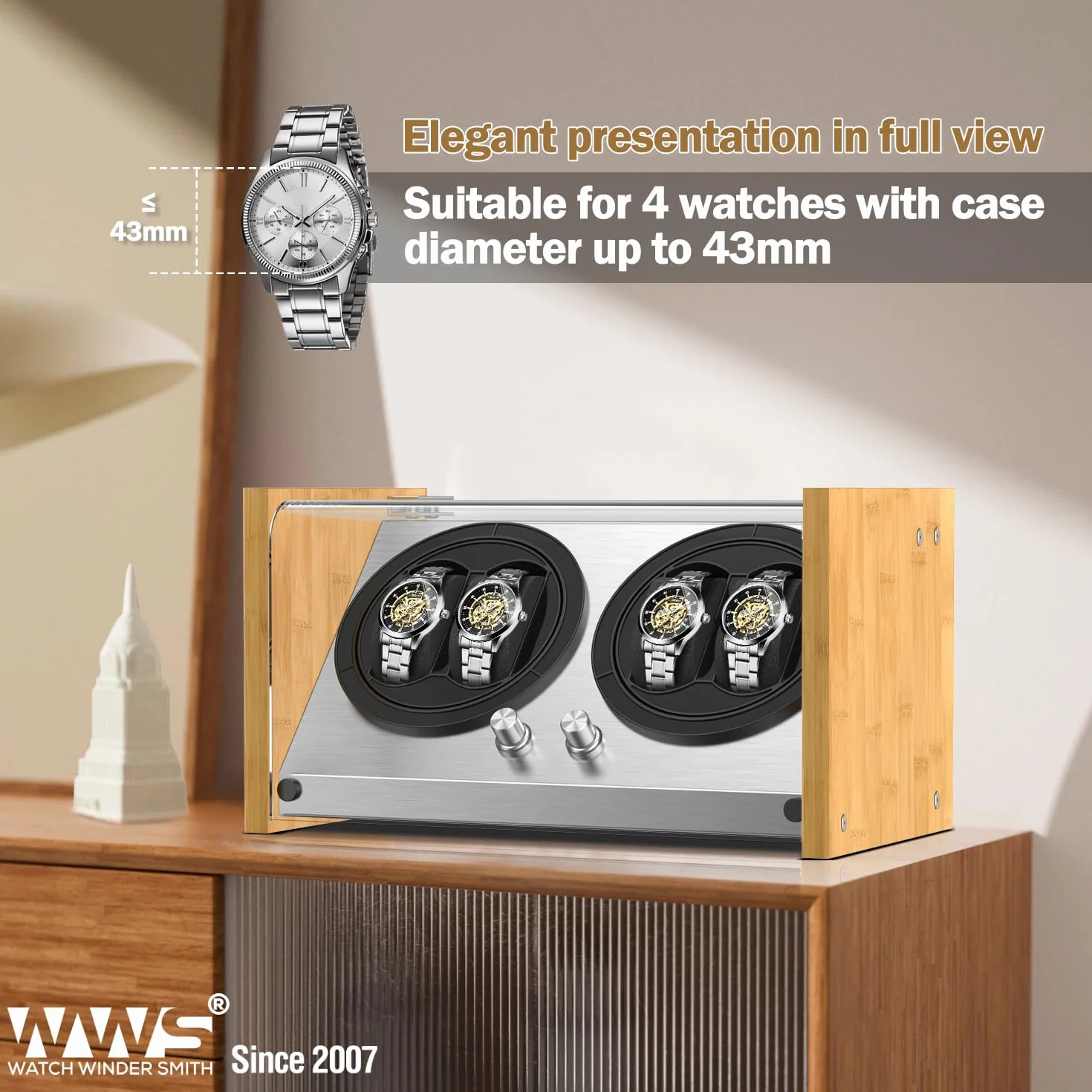 Watch Winder Smith - Automatyczny zegarek do zegarka, 100% rzemiosła, wzór patentowy z drewna bambusowego, bardzo cichy japoński silnik z AC lub bateriami