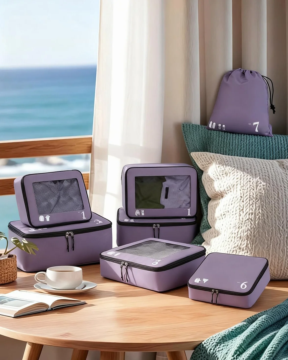 ECOHUB Kostki do pakowania do walizki 7 PCS Organizatory podróży Torby do pakowania Akcesoria podróżne Torby na buty dla podróżnych Torba do przechowywania Torby organizacyjne(Fioletowy)