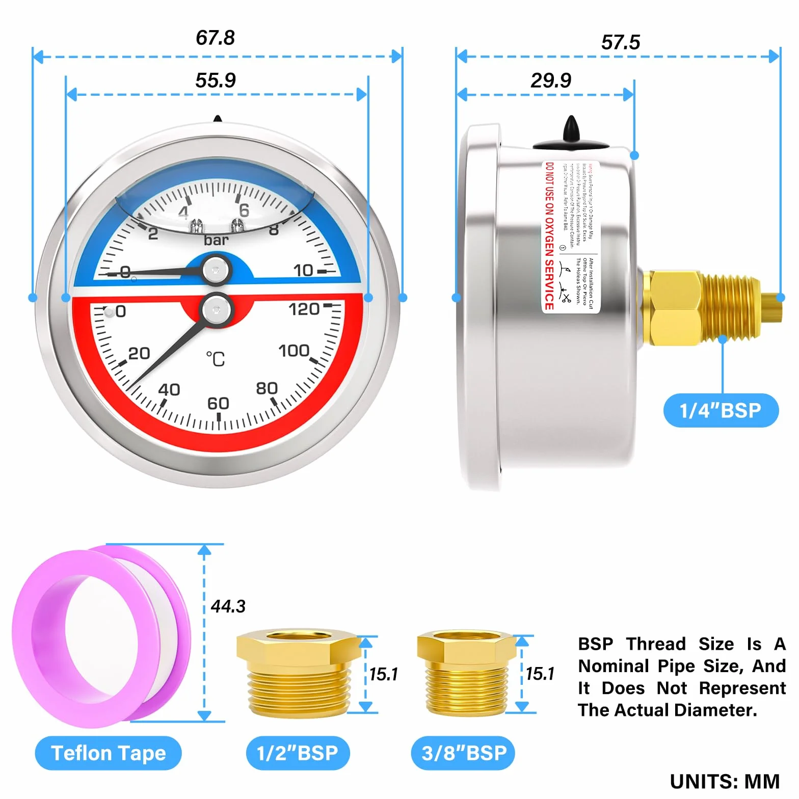MEANLIN MEASURE 0~10 BAR/150 PSI ciśnieniomierz termiczny ze stali nierdzewnej 0~120℃ 1/4" BSP 2,5" FACE DIAL ciśnieniomierz napełniony płynem, z gniazdem sześciokątnym 1/2" BSP i gniazdem