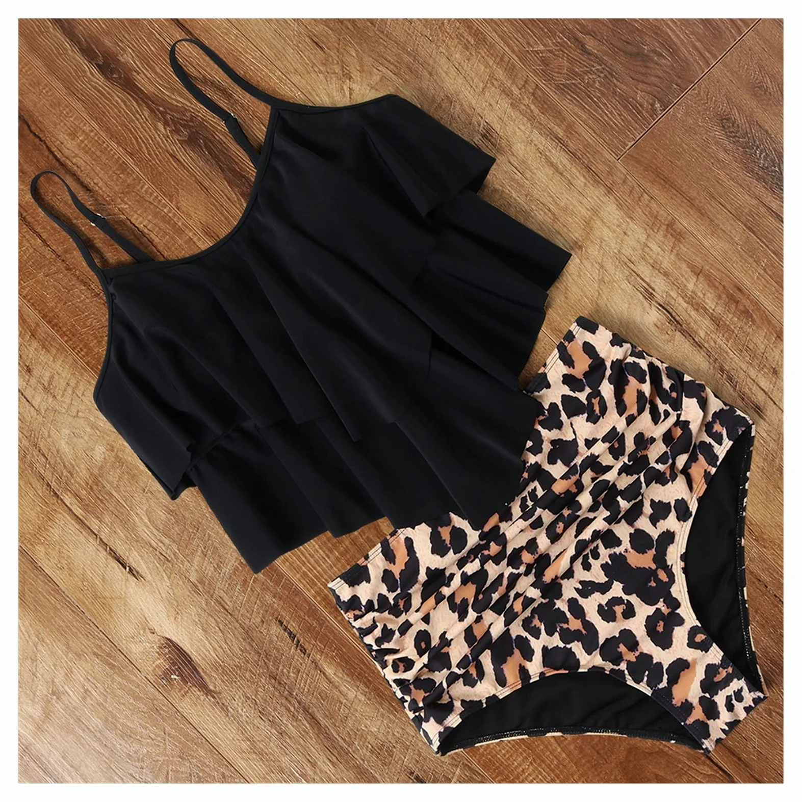 Dwuczęściowy strój kąpielowy Leopard Bikini Wysoka talia Bikini Zwierząt Drukuj Kwiatowy strój kąpielowy Strój kąpielowy z falbanką Stroje kąpielowe w dużych rozmiarach Kobiety Bikini Set (IS)