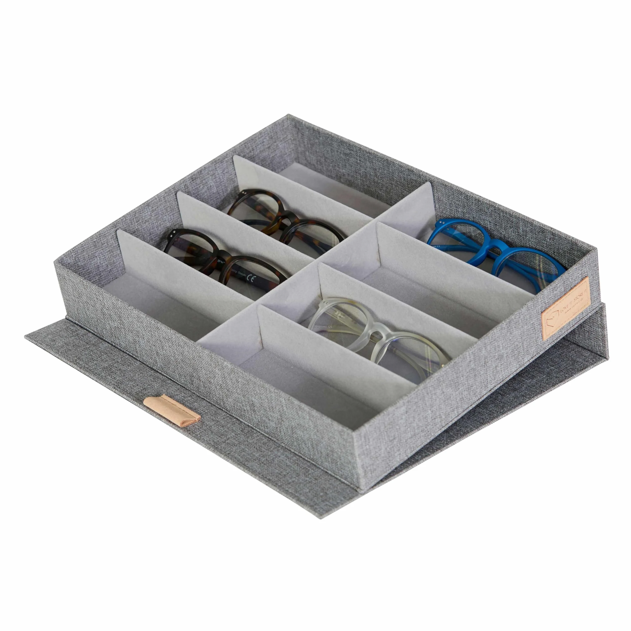 LOVE IT STORE IT Pudełko na okulary premium na 8 okularów, wykonane z tkaniny lnianej, do przechowywania i prezentacji, wzmocnione drewnem, jasnoszare, 32 x 25 x 5,5 cm