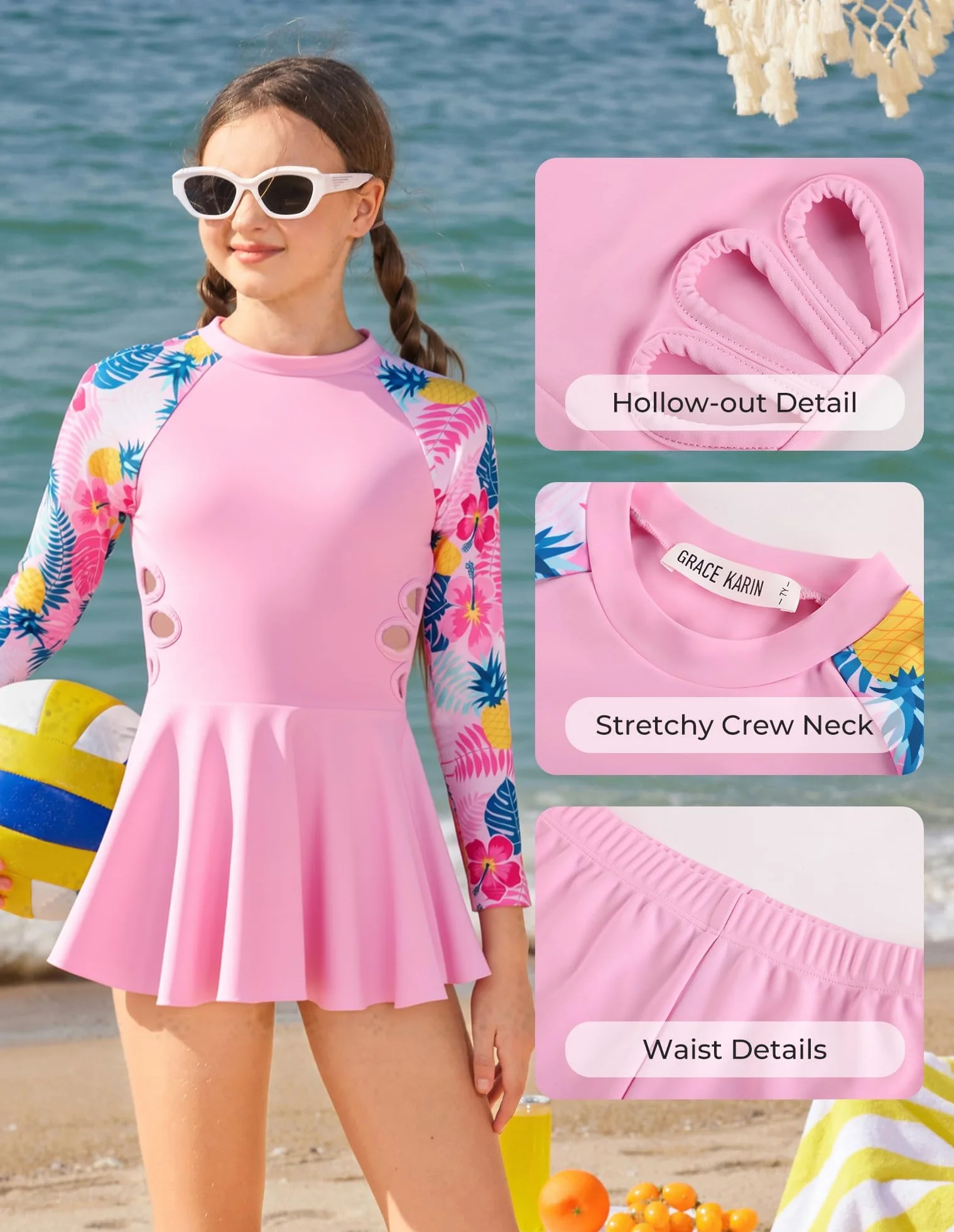 GRACE KARIN Dziewczęcy kostium kąpielowy dla dzieci z długim rękawem strój kąpielowy Rash Guard Stroje kąpielowe