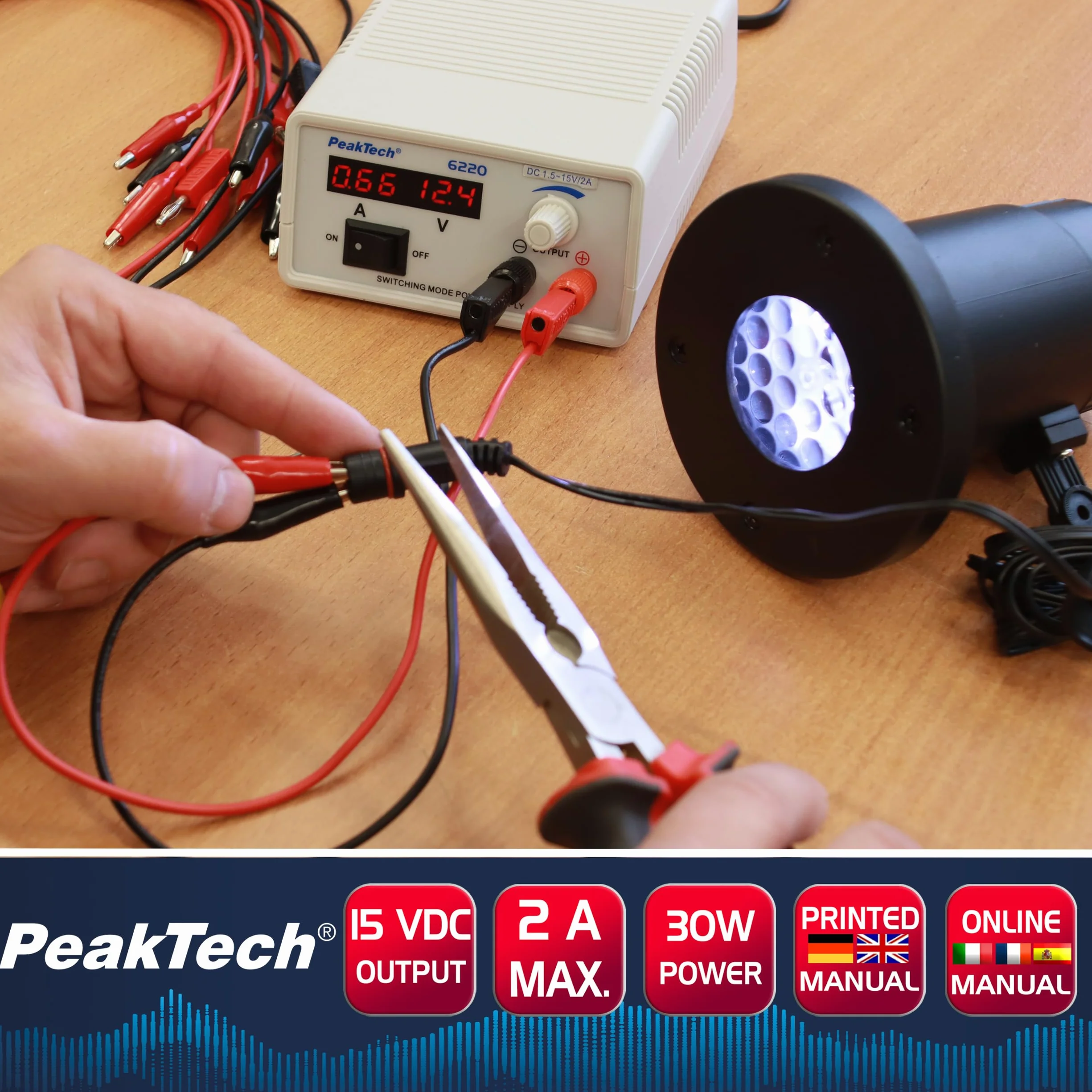 PeakTech 6220 Mini DC zasilacz impulsowy regulowany 1,5 V - 15 V / 2 A, zasilacz laboratoryjny z wyświetlaczem LED, P 6220, jasnoszary