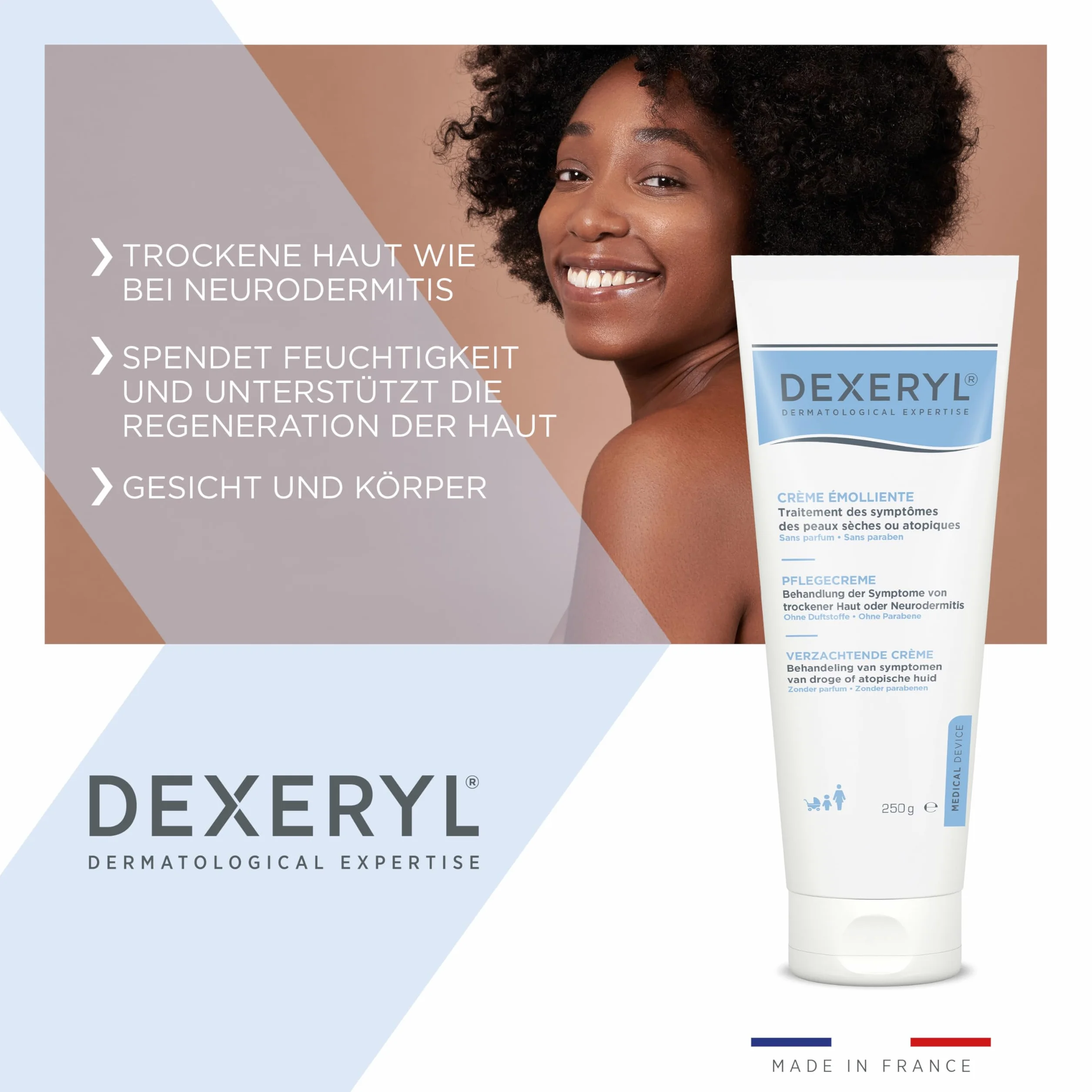 Dexeryl Krem 250 g: pielęgnacja i ochrona suchej skóry, w szczególności w przypadku różnych chorób skóry, takich jak atopowe zapalenie skóry. Nie zawiera perfum i parabenów