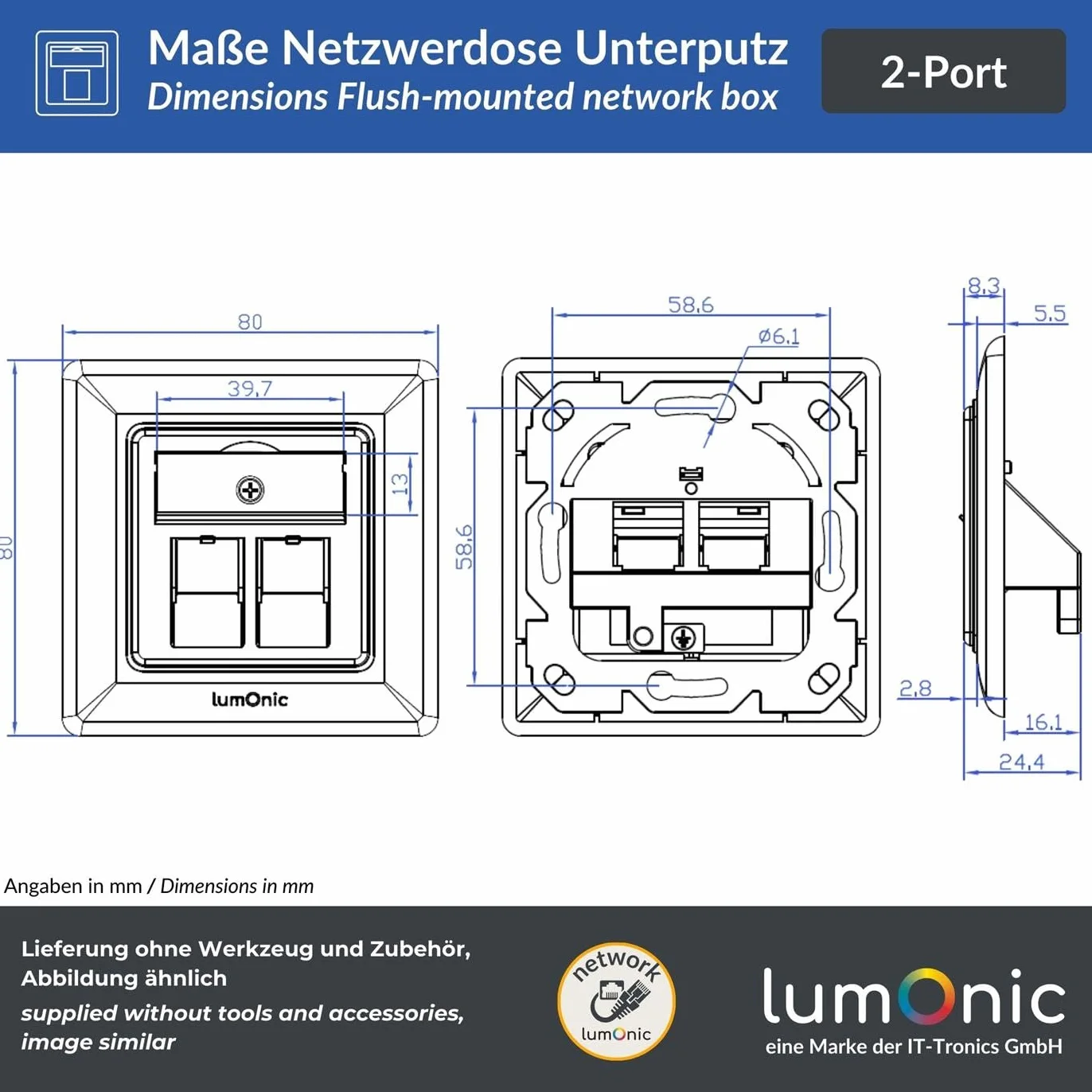 Lumonic Ramka podtynkowa Keystone | 2-Port | Standardowy system 55 | | Tworzywo ABS | Dla modulów Keystone RJ45, HDMI, USB