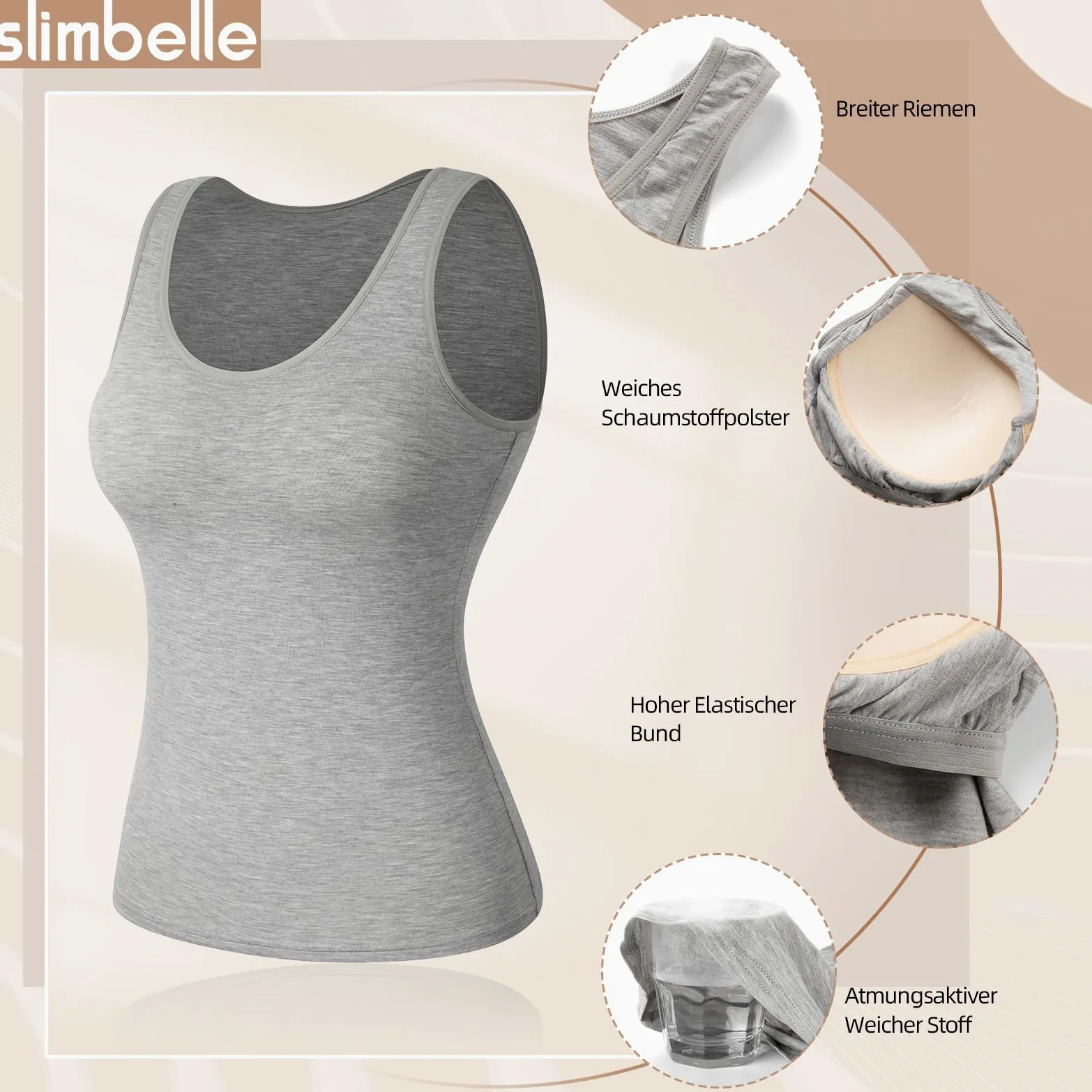 SLIMBELLE Damski biustonosz podkoszulek Basic Tank Tops ze zintegrowanym biustonoszem, szerokie ramiączka, bezszwowa podeszwa, bez fiszbin, wyściełana koszula, okrągły dekolt, koszula z braletką