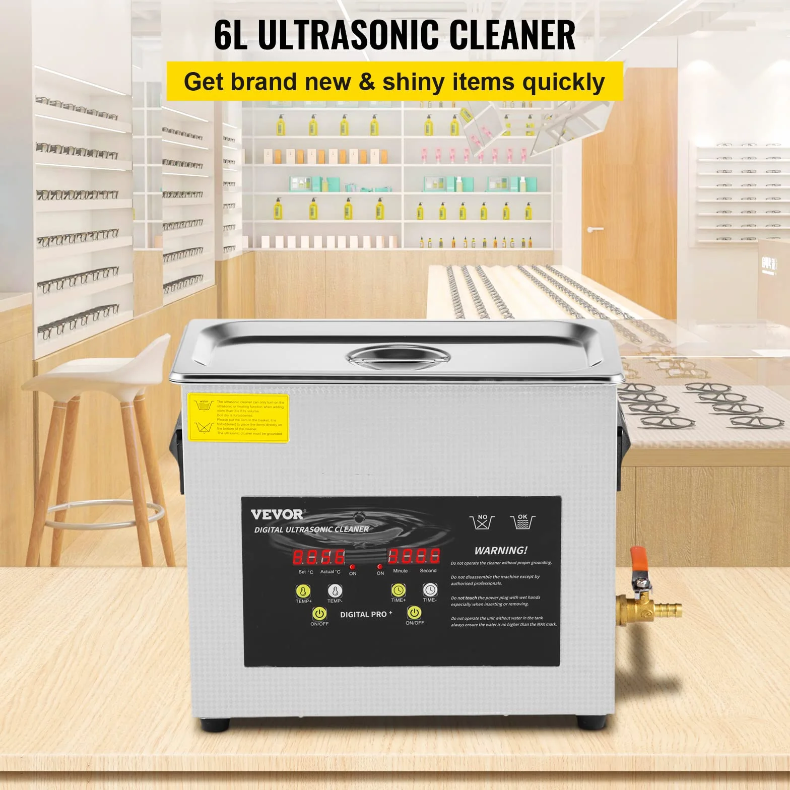 VEVOR Ulepszona myjka ultradźwiękowa 6 l (ogrzewanie 200 W, ultradźwięki 180 W), profesjonalne, cyfrowe laboratoryjne, ultradźwiękowe urządzenie do czyszczenia części z timerem ogrzewania, do