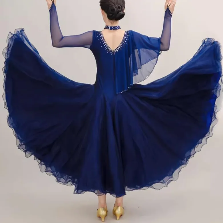 Rygglösa klänningar för sällskapsdans för kvinnor Långärmade vals danskläder Tango dansdräkt med strass Social dansoutfit med fantastisk tyllgunga