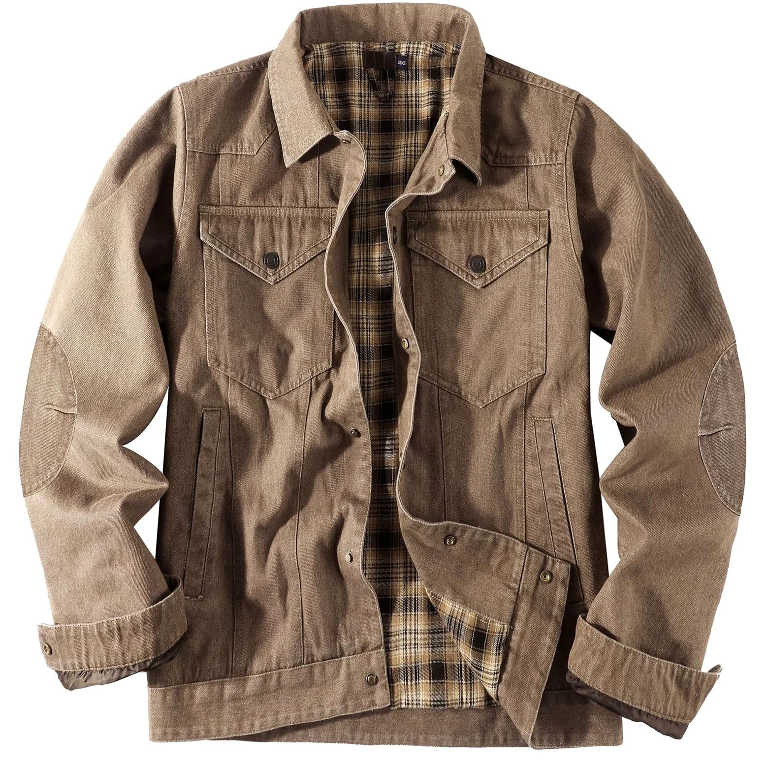 Męska Kurtka Dżinsowa w Kratę z Podszewką Snap Cowboy-Cut Western Classic Slim Fit Vintage Jacket Trucker Coat Brązowa Kurtka Dżinsowa Męska Kurtka z Odkrytymi Klapami z Przodu