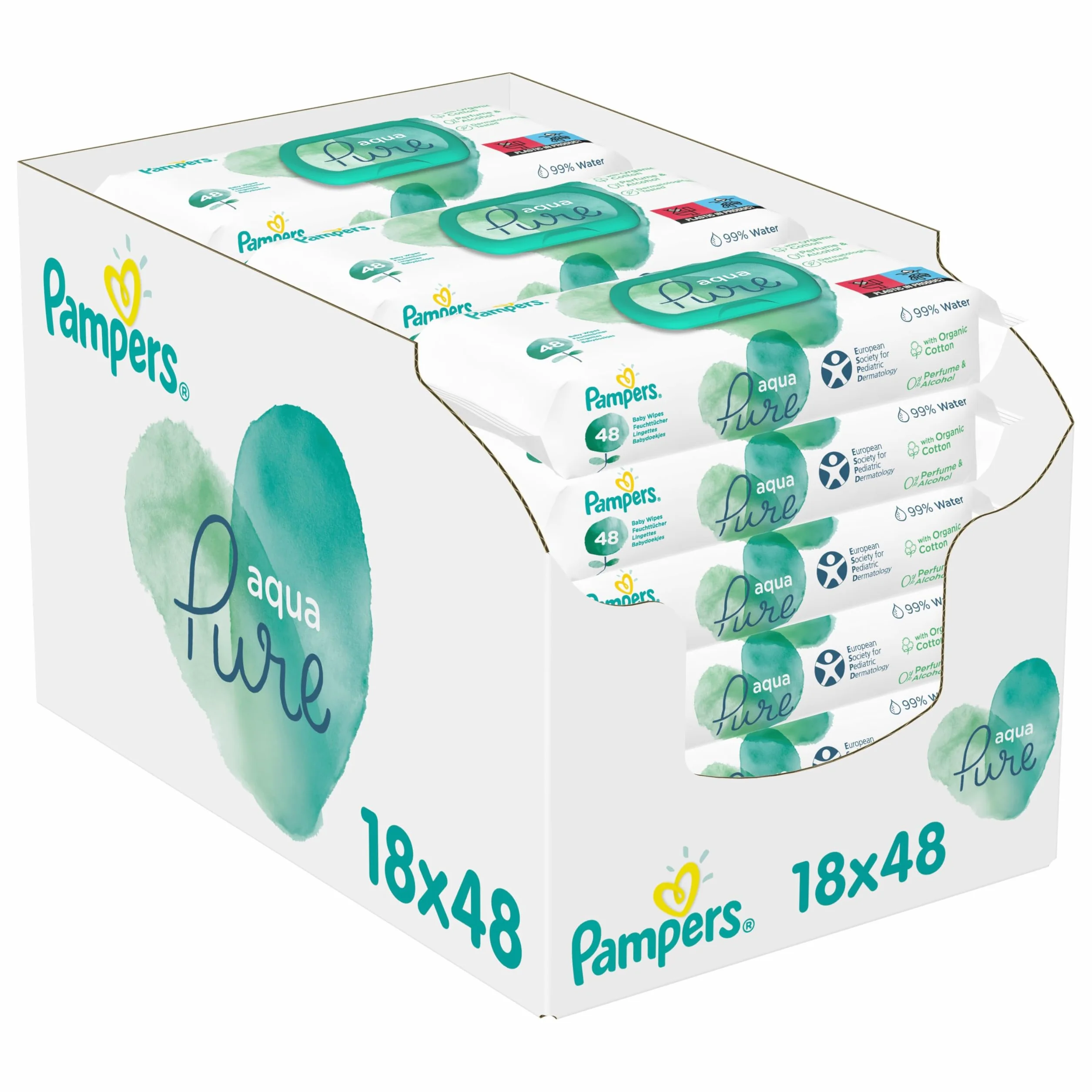 Pampers Aqua Pure Chusteczki Nawilżane Dla Niemowląt i Dzieci 864 Sztuk (18 x 48), Wykonane w 99% z Czystej Wody, Testowane Dermatologicznie