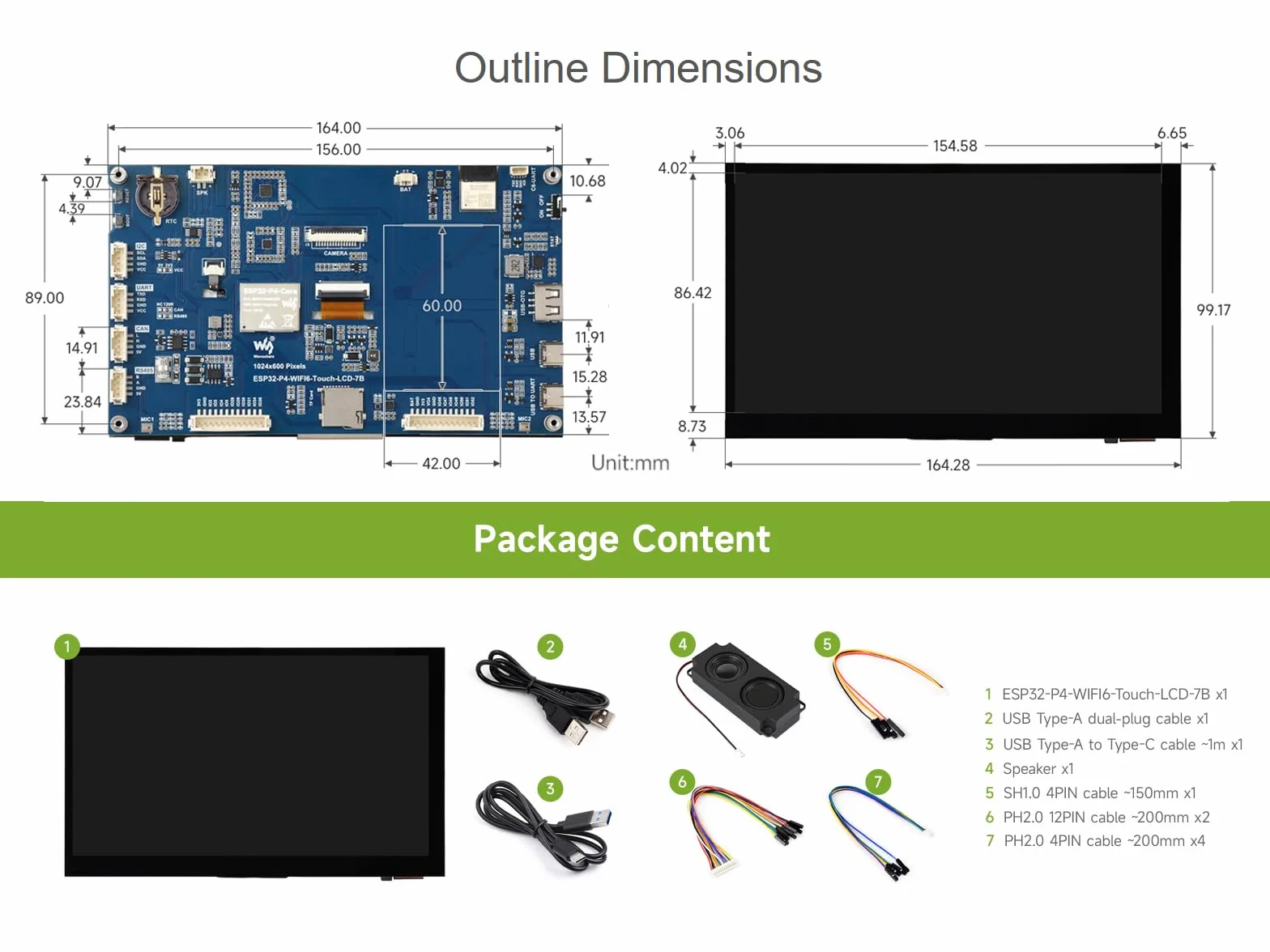 ESP32-P4-WIFI6 7-calowy ekran dotykowy Dev Board, oparty na chipie ESP32-P4 i ESP32-C6, z 7-calowym 5-punktowym ekranem dotykowym IPS 1024 × 600, wbudowane nagłówki RS485/CAN/I2C/UART, obsługuje