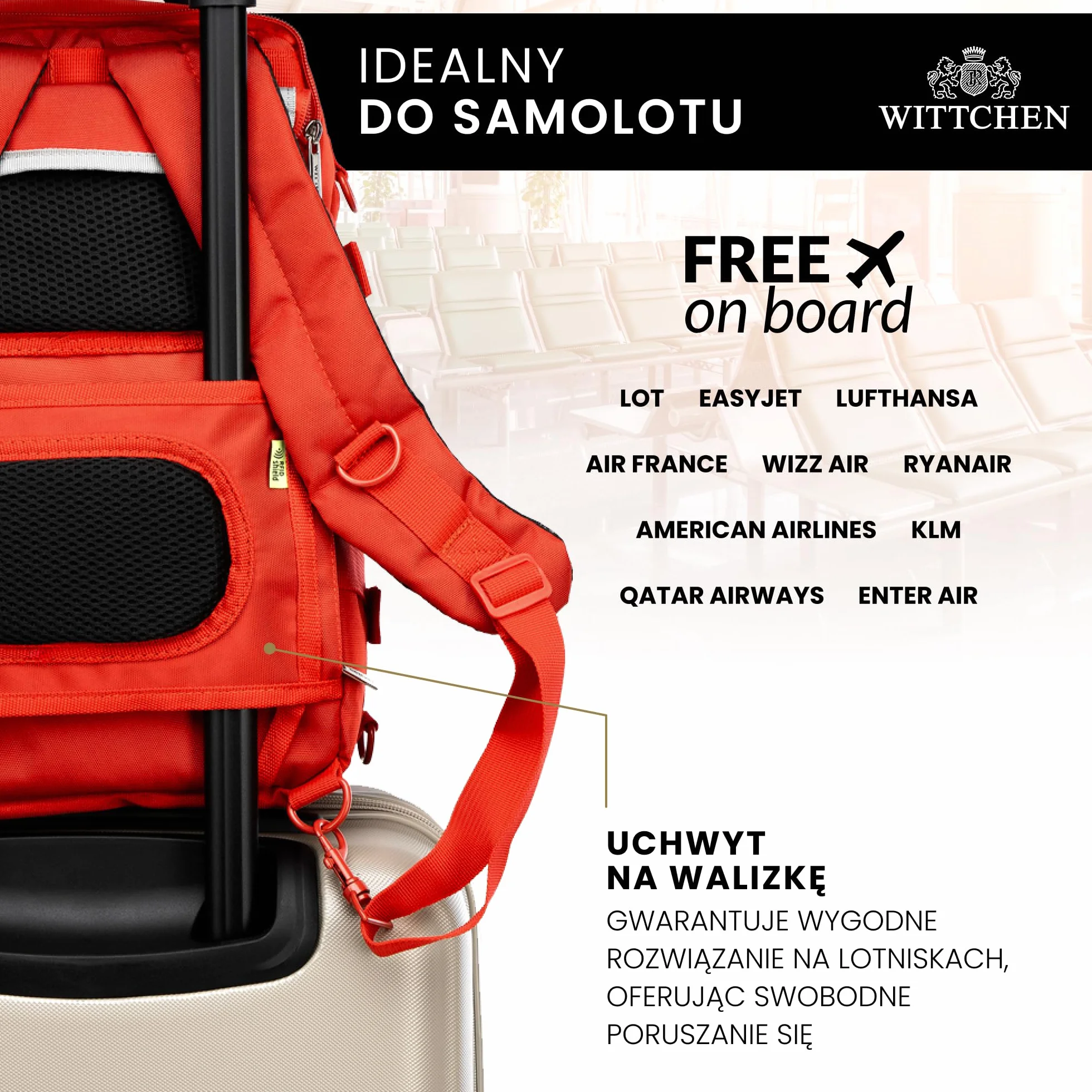 WITTCHEN Poszerzany plecak do samolotu | Plecak podręczny 32 l | Wodoodporny plecak na laptopa 17 cali | Plecak podróżny w rozmiarze kabinowym | 47 × 32 × 14–18 cm