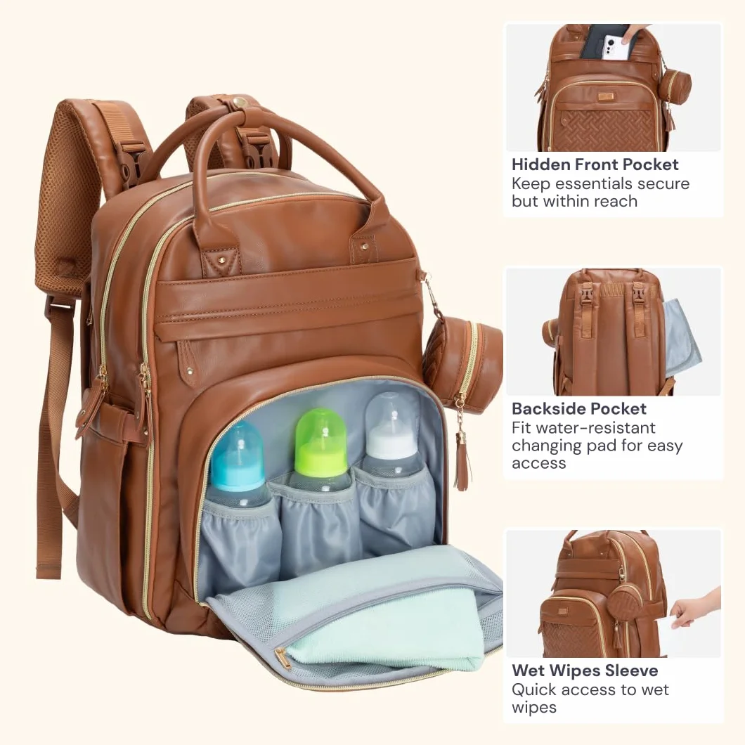 BabbleRoo Leather Diaper Bag Backpack - Baby Essentials Travel Baby Bag, Multi function, Waterproof, with Changing Pad, Stroller Straps & Pacifier Case – Unisex, Natural Brown