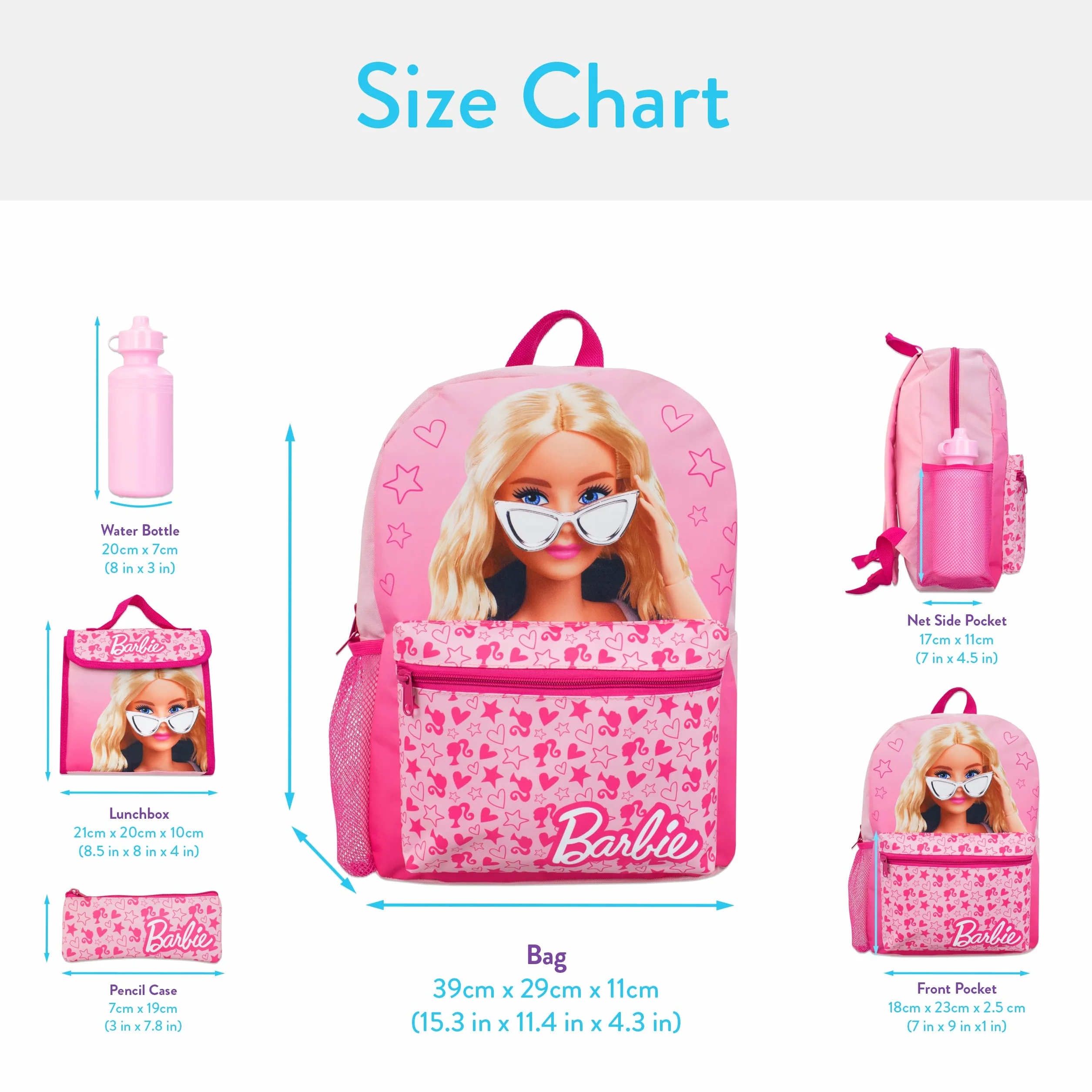 Zestaw Barbie Plecak i Torba na Lunch 4 części | Zestaw Torebki Szkolnej dla Dziewczynek | Plecak dla Dziewczynek, Torba na Lunch, Butelka na Wodę i Etui na Ołówki | Oficjalne Towary | Różowy