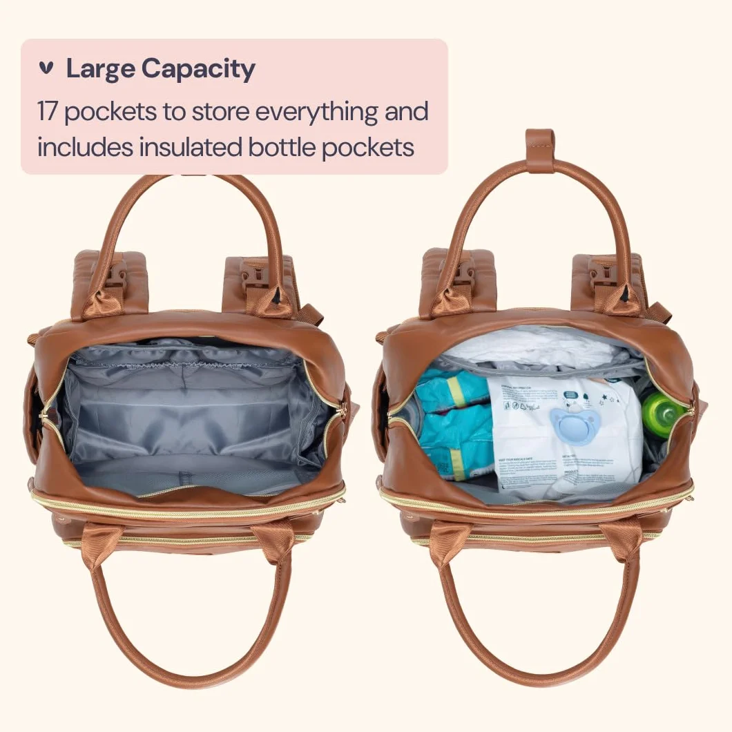 BabbleRoo Leather Diaper Bag Backpack - Baby Essentials Travel Baby Bag, Multi function, Waterproof, with Changing Pad, Stroller Straps & Pacifier Case – Unisex, Natural Brown