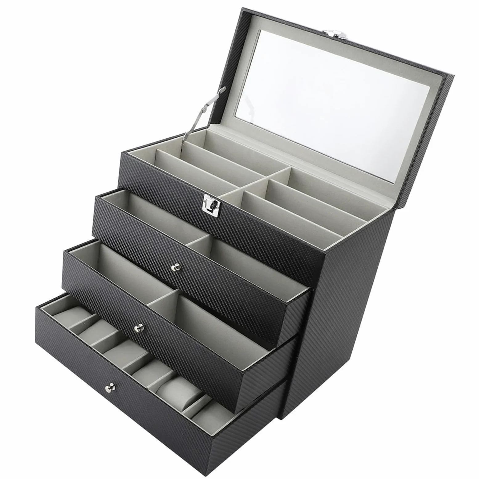 Etui na Okulary, 4 Poziomy, 27 Przegródek Organizer na Okulary Przeciwsłoneczne, Szare Aksamitne Pudełko z Włókna Węglowego PU do Przechowywania Zegarków z wkładką, Idealne do Domu i Sklepu