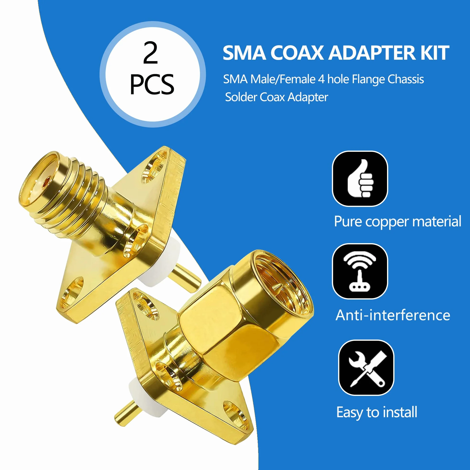 TUOLNK Złącze do montażu panelowego SMA 4-otworowa obudowa kołnierzowa adapter koncentryczny SMA żeńskie gniazdo montażowe panel słupkowy prosty izolator PCB koncentryczny konwerter 2 szt