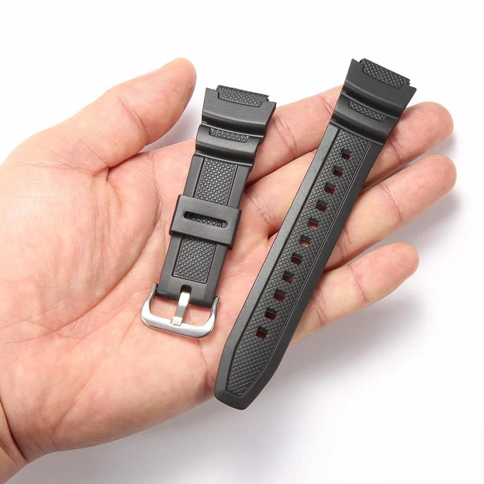 Zapasowy pasek do zegarka z żywicy naturalnej, kompatybilny z Casio AE-1200 SGW-300H MRW-200H W-735H wodoodporny gumowy pasek, Czarna srebrna klamra, 18mm, Klasyczny