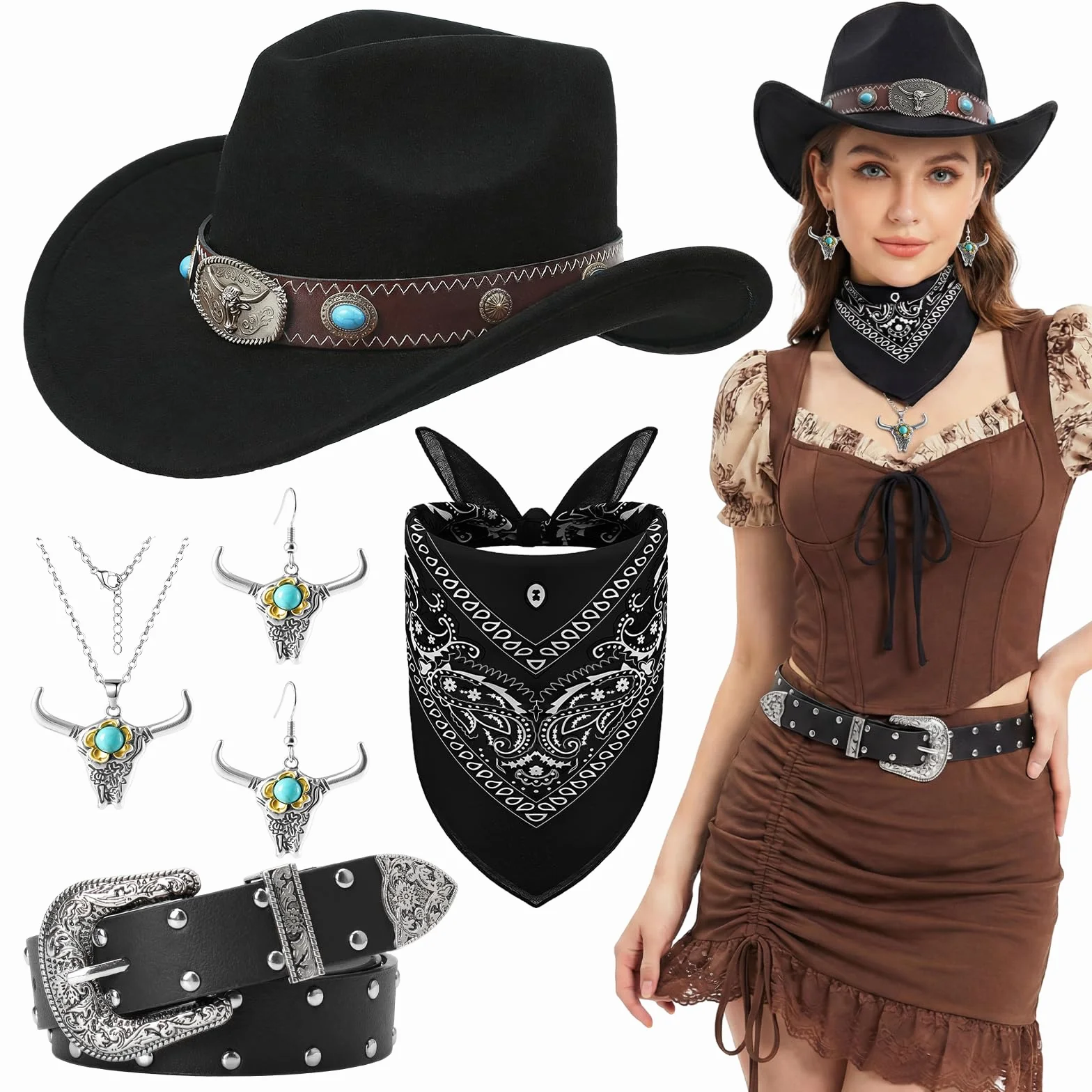 5 szt. turkusowo-brązowy western kowbojski strój damski z kapeluszem + kolczyki + naszyjnik + pasek + bandana dla dorosłych, karnawał, impreza tematyczna, cosplay