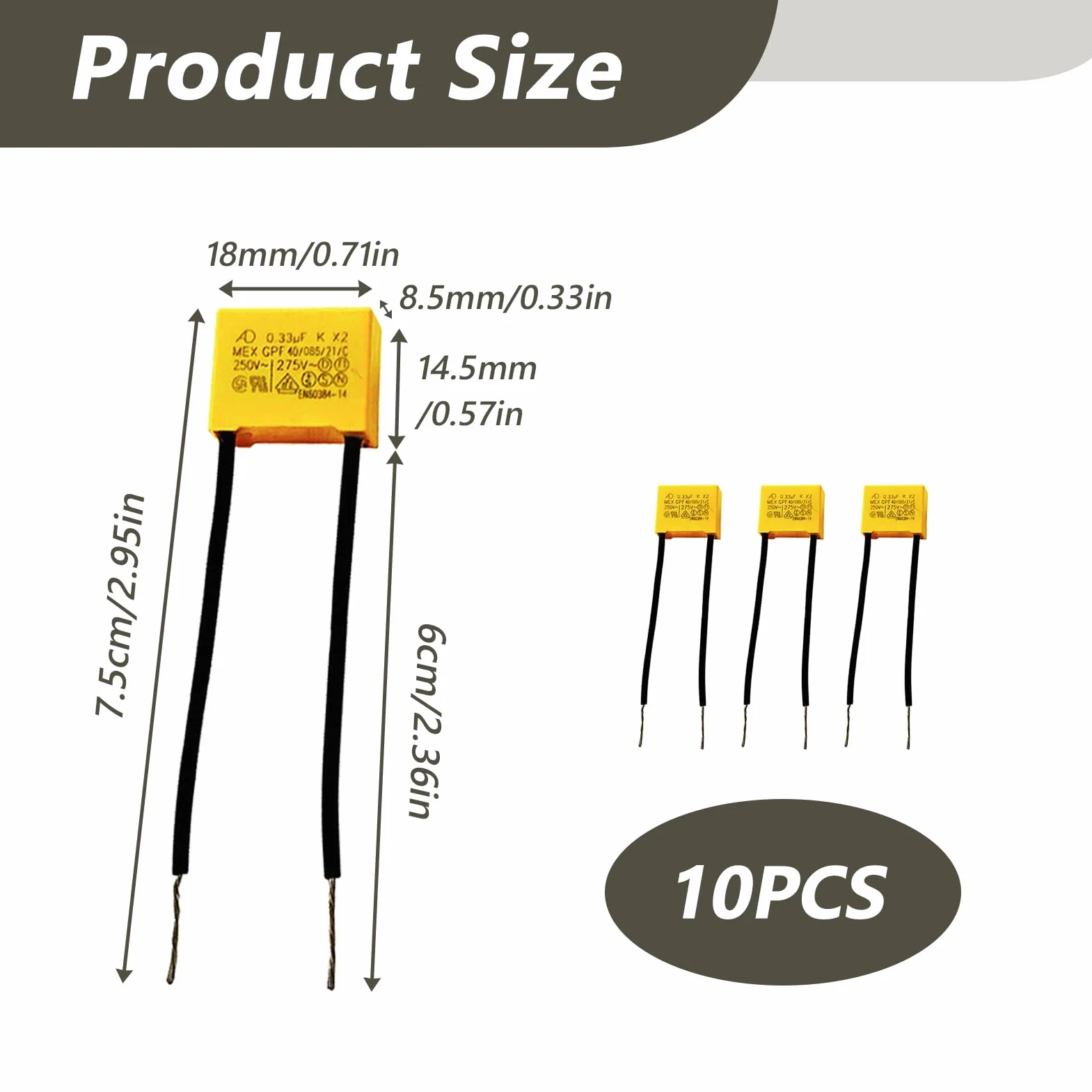 10 sztuk x 2 0,33uF 275 V AC, kondensator do żarówek LED, tłumiący, samoregenerujący się kondensator z folii metalowej, ochrona przed zakłóceniami w trybie różnicowym