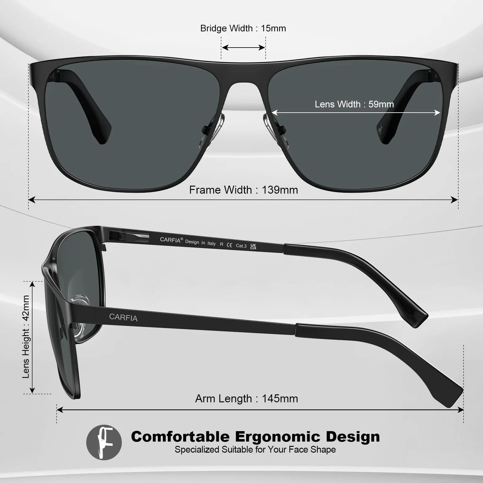 CARFIA Eleganckie Okulary Przeciwsłoneczne dla Mężczyzn Okulary Polaryzacyjne UV400 Okulary do Jazdy Samochodem z Metalową Oprawką Cat.3