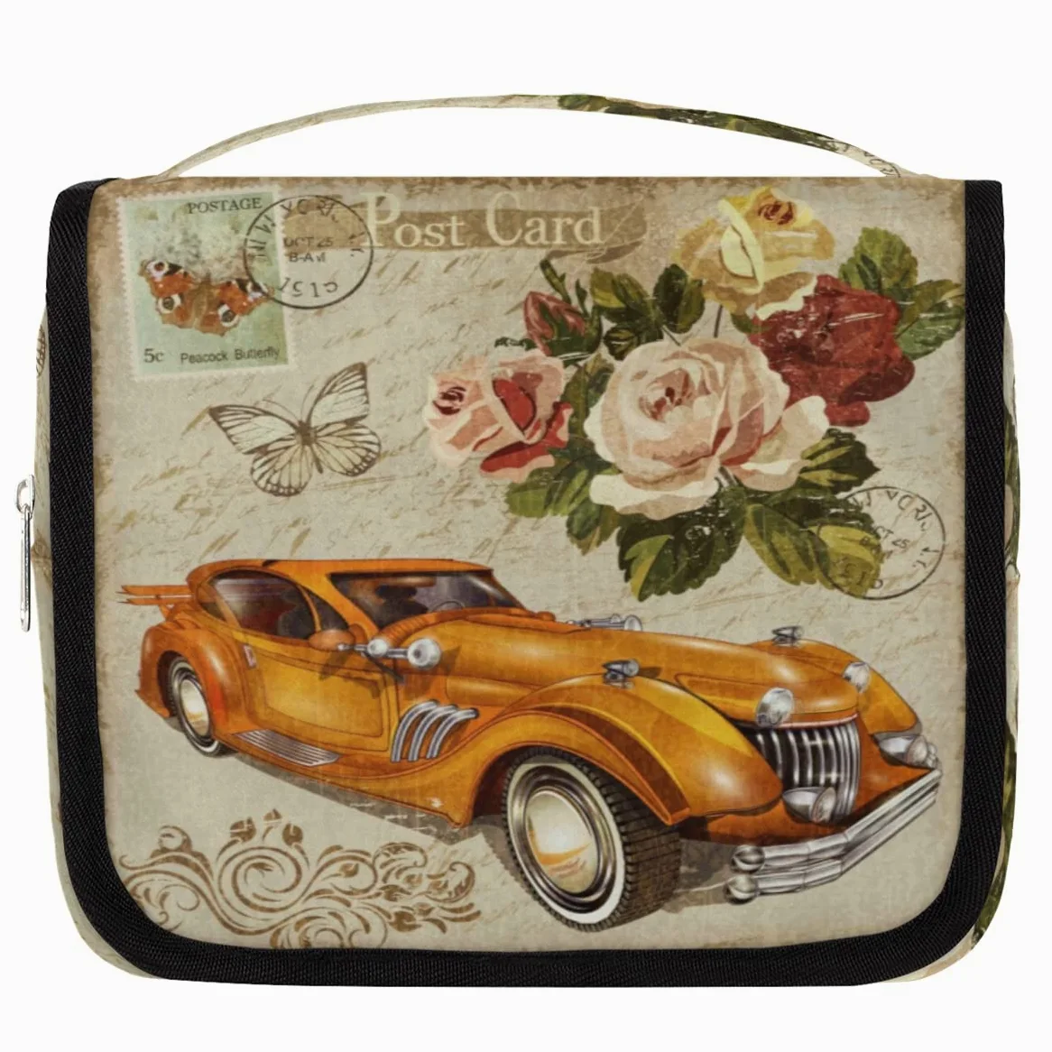 Vintage Pocztówka Samochód Kwiaty Podróżna Kosmetyczka Pocztówka Mycie Torba Unisex Wiszące przybory toaletowe Kosmetyczka Organizer do makijażu, wielobarwny, Jeden rozmiar