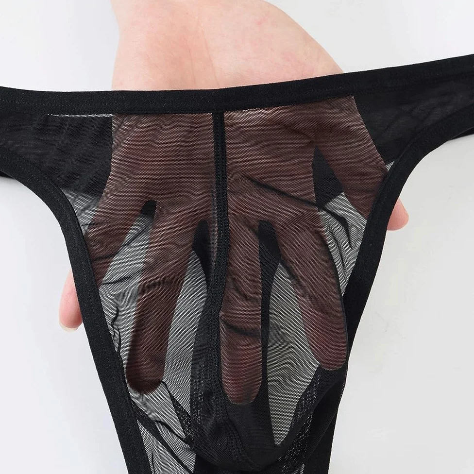 Męska seksowna bielizna z niską talią siateczkowa przezroczysta bielizna stringi prześwitujące Jockstrap z rozszerzającym woreczkiem dla mężczyzn