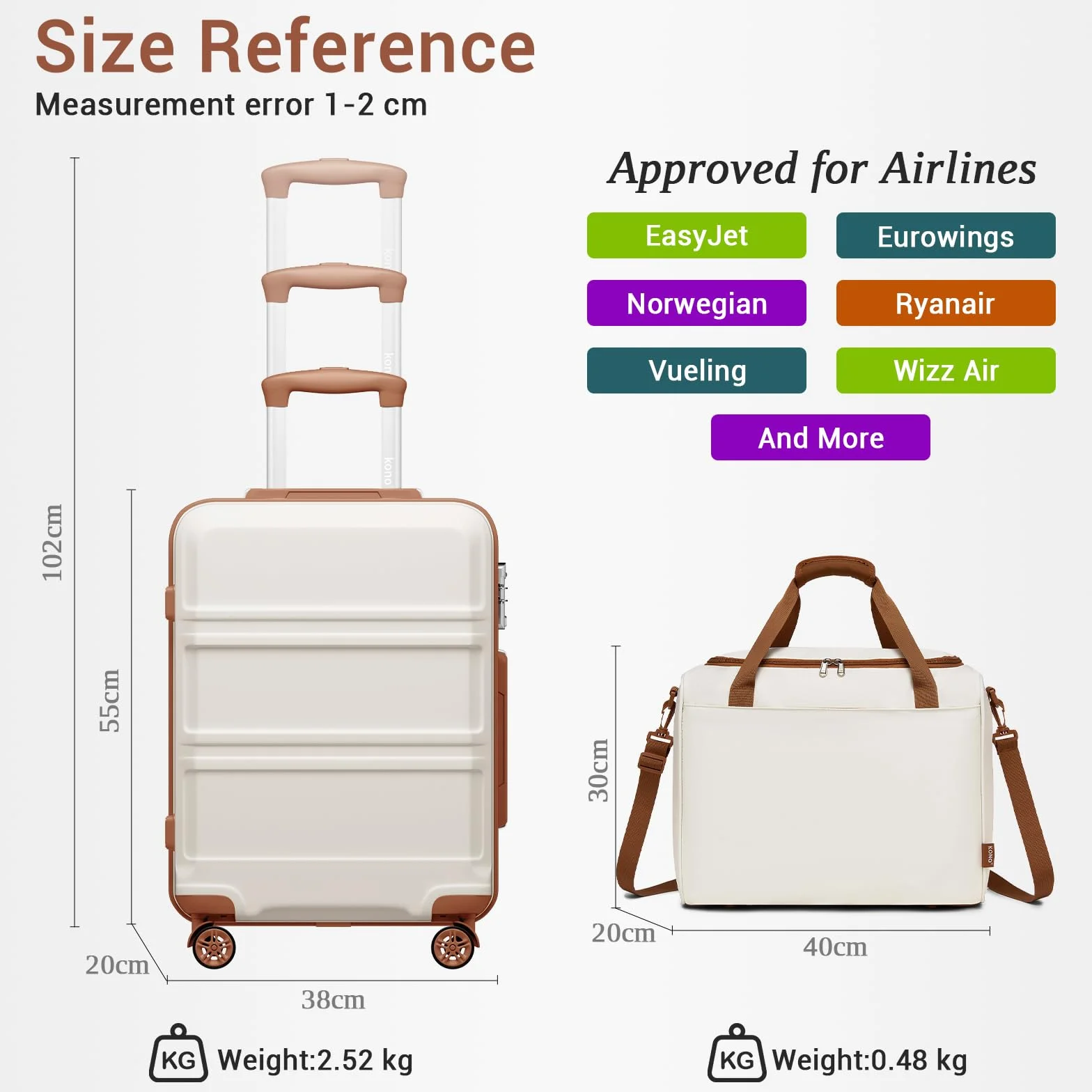 Kono Zestawy bagażowe Lekka walizka z twardą obudową ABS z zamkiem TSA + torba kabinowa Ryanair 40 x 20 x 25 cm, Kremowy, biały, 20 Inch Luggage Set, Carry on