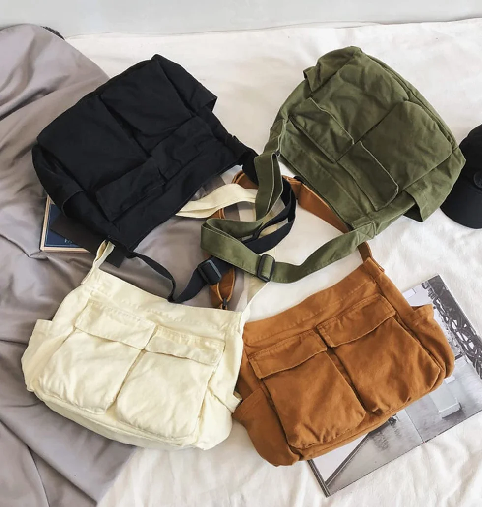HUALEENA płócienna torba crossbody dla kobiet, duże torby kurierskie, podróżna torba na ramię, wiele kieszeni, ZIELONY, Large