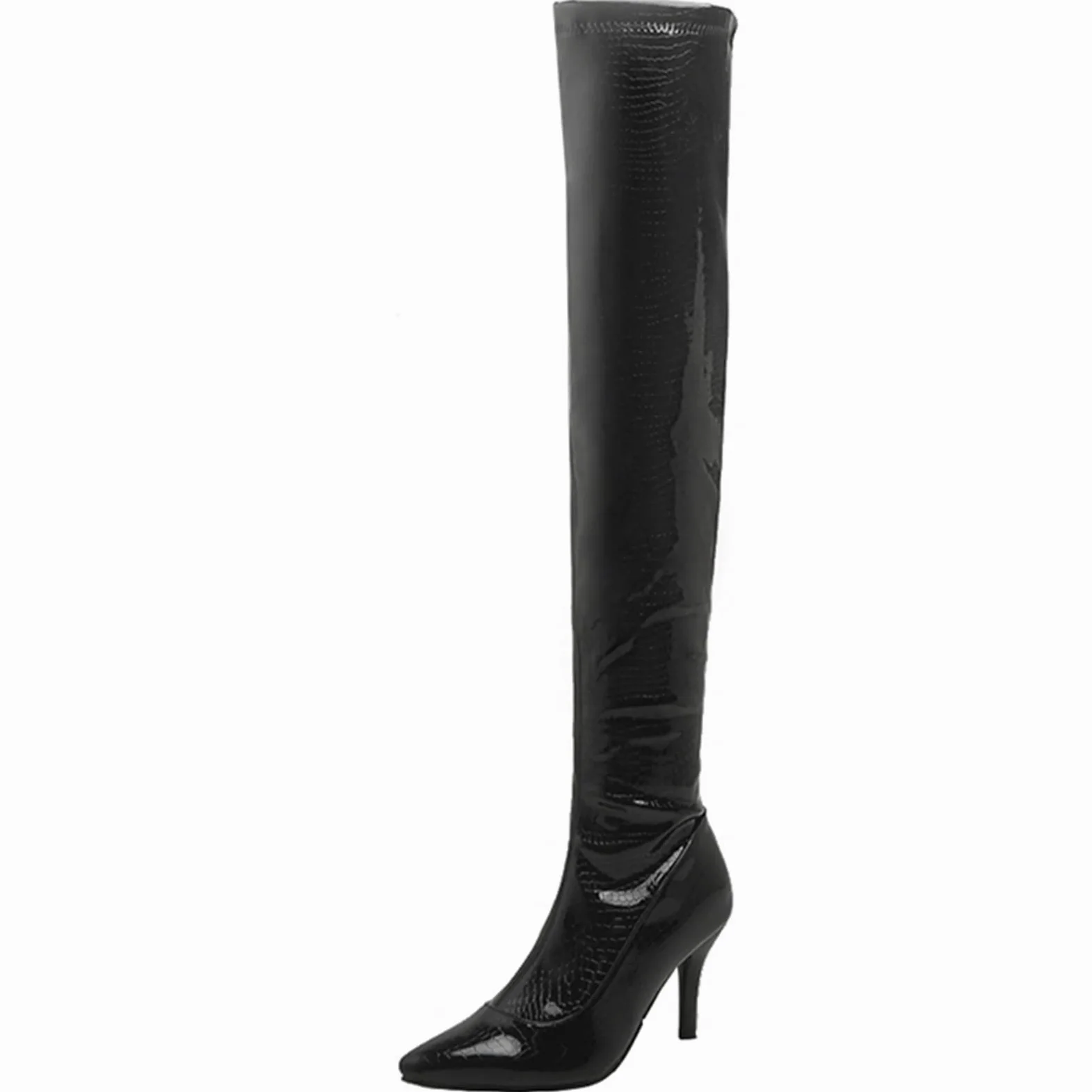 CUTEHEELS Damskie jednokolorowe buty na uda wysokie/nad kolanem ze szpilką i szpiczastym noskiem, czarny, 43 EU