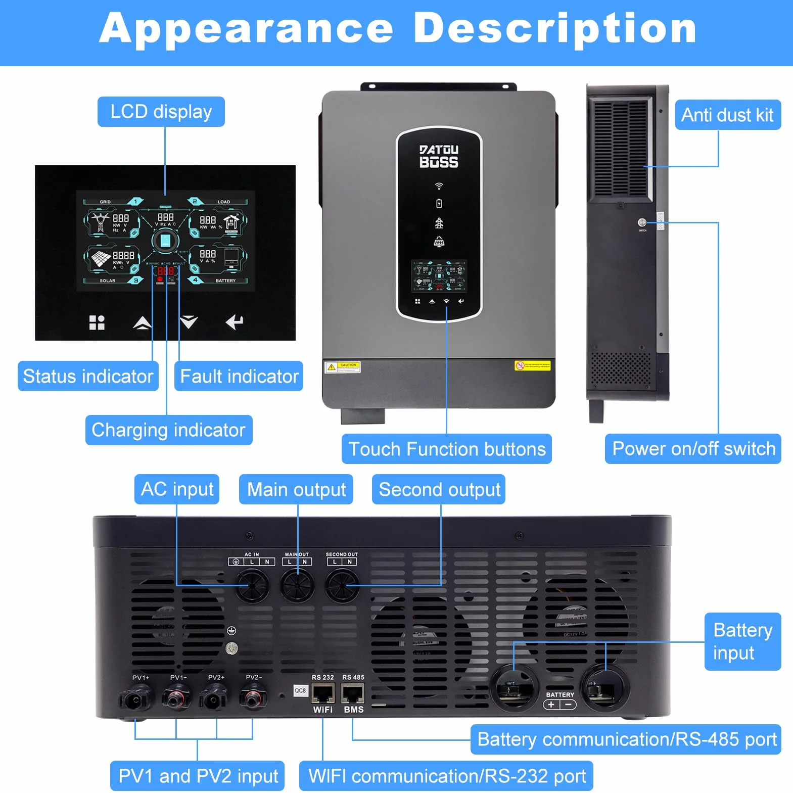 DATOUBOSS 10,2KW Hybrydowy Solarny Falownik 48v, Hybrydowy Falownik 48v Czysty Sinus, 48v DC na 220v/230v AC, Z Regulatorem ładowania Solarnym 160A MPPT, do Akumulatorem Ołowiowo-Kwasowym I Litowym