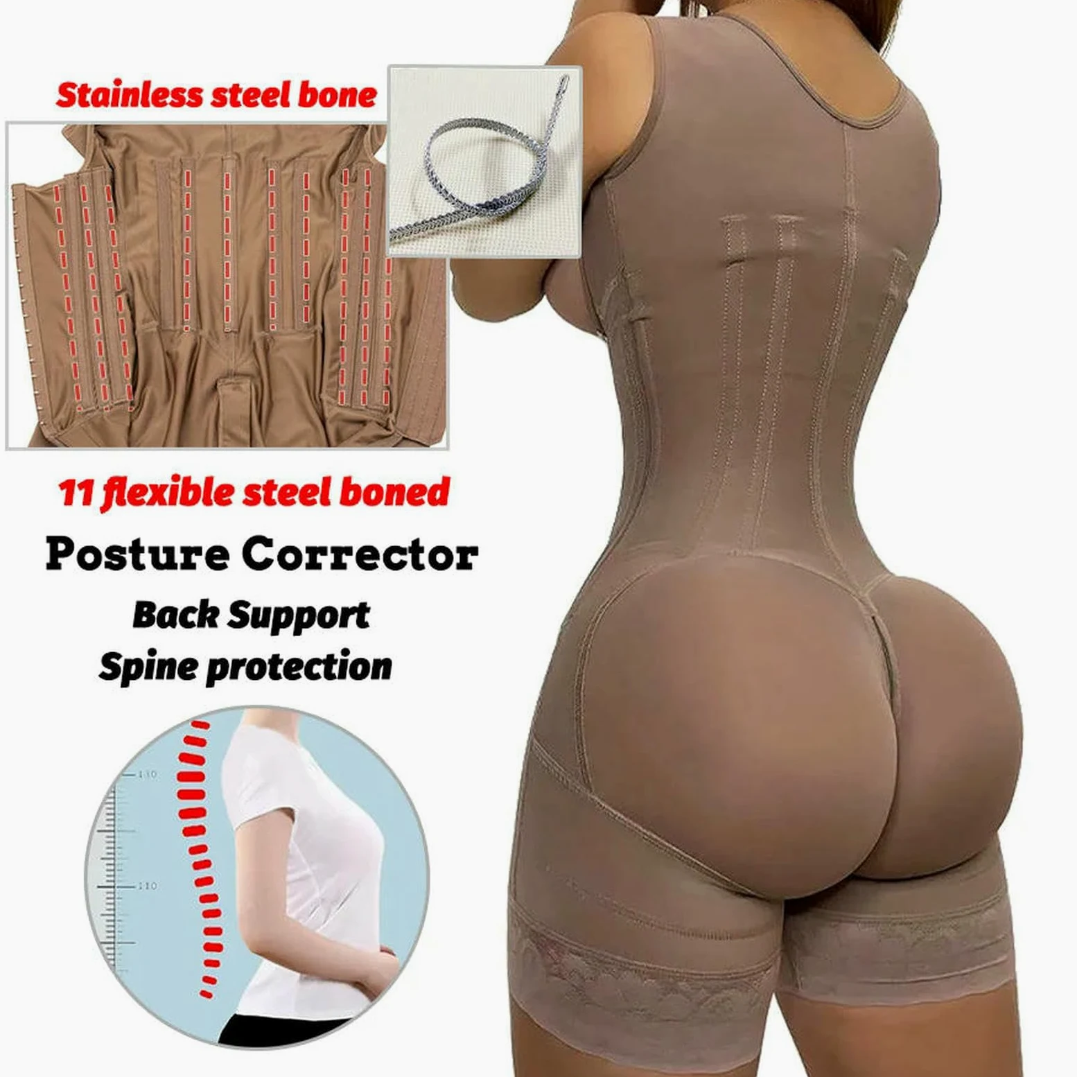 Gorset bielizna modelująca o wysokiej kompresji dla kobiet kontrola brzucha body podnoszące pośladki body modelujące sylwetkę zamek błyskawiczny w kroku-czarny-XS
