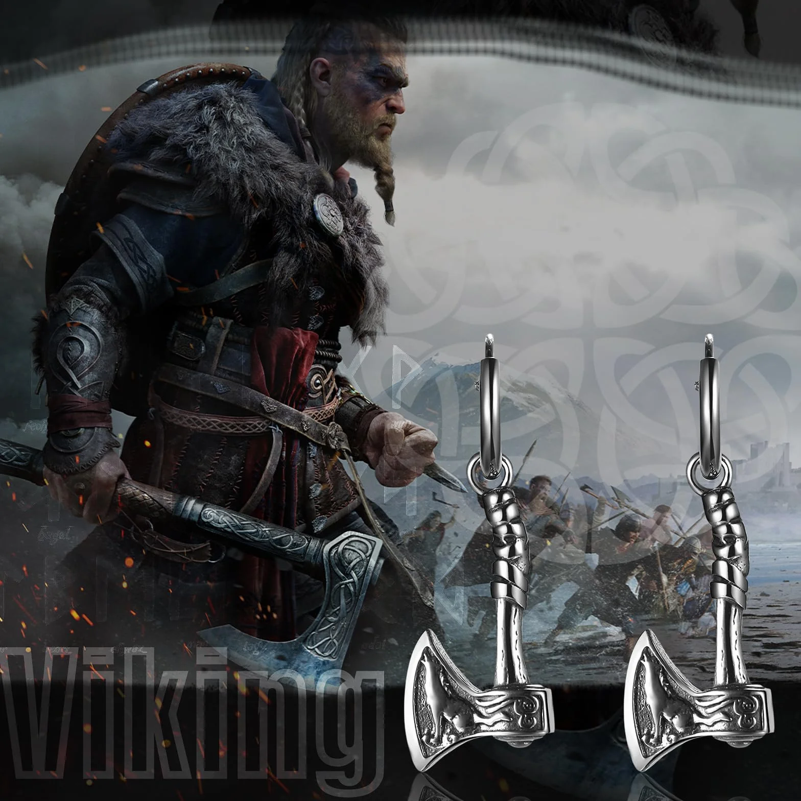 Kolczyki męskie z siekierą Wikingów ze stali nierdzewnej, amulet wikingów, srebrne