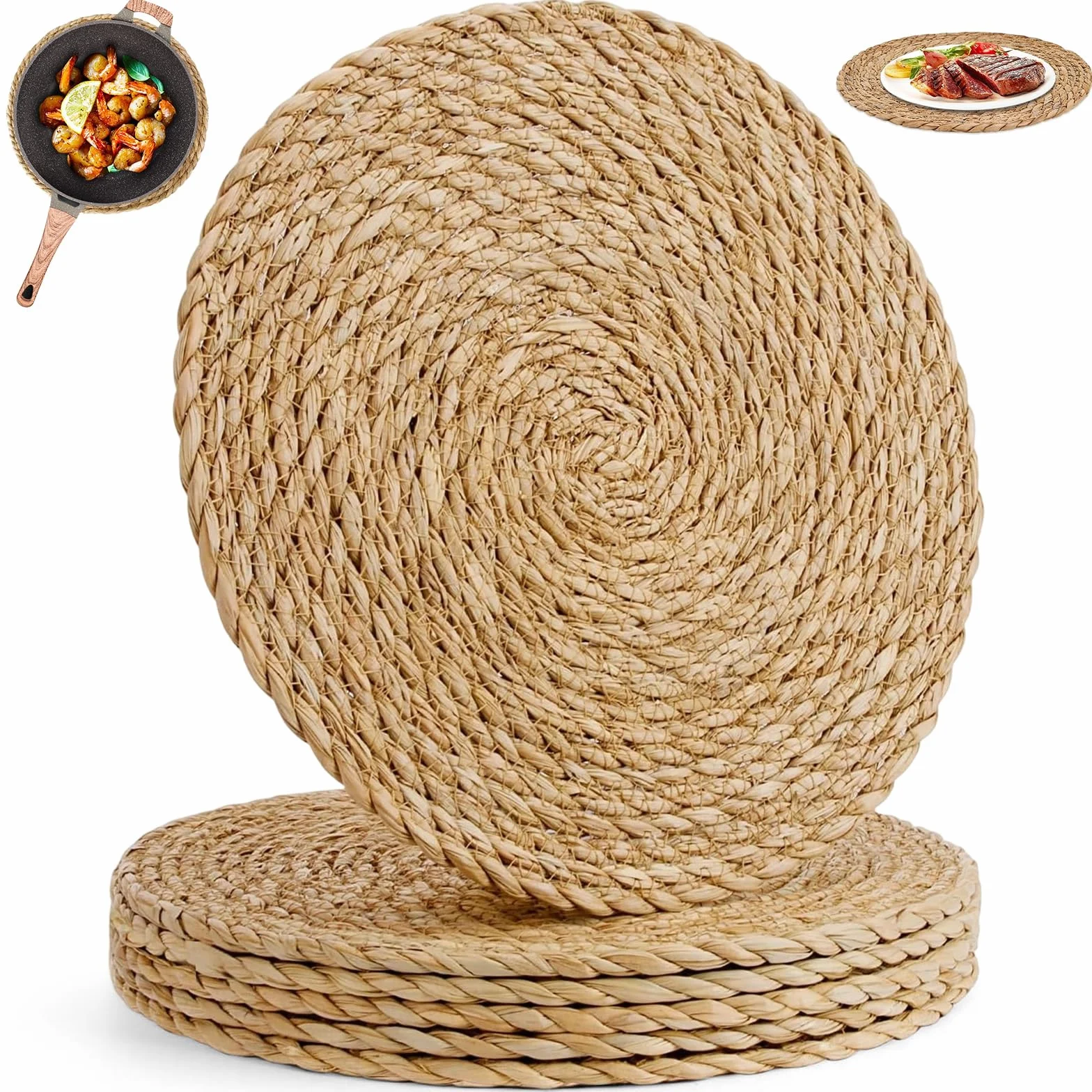 6 okrągłych podkładek z wikliny, okrągłe podkładki hiacynt wodny naturalna słoma 30 cm, pleciona podkładka okrągła boho elegancki stół stołowy na stół jadalny, dom, wesela