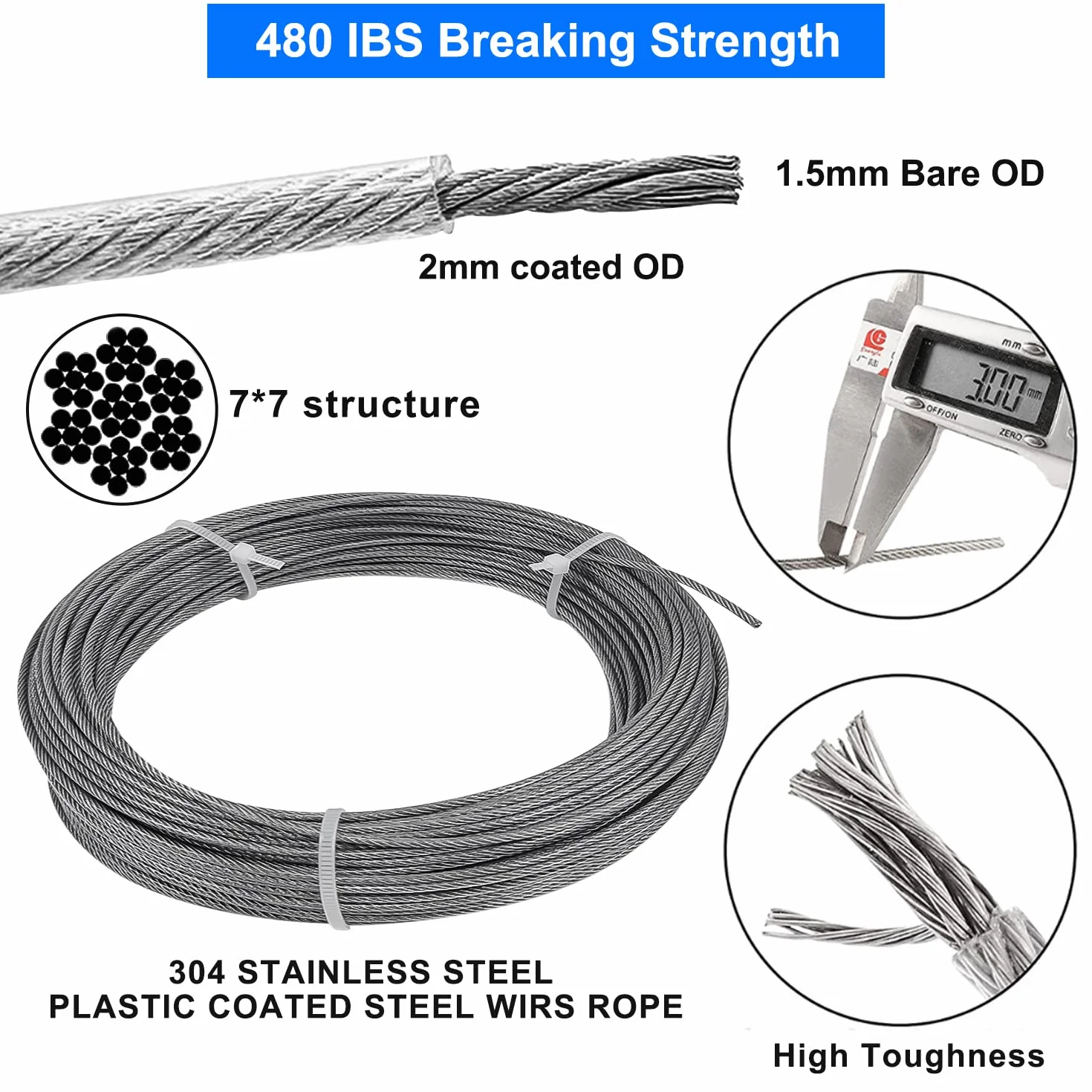 172 szt. Zestaw napinaczy linek ze stali nierdzewnej, 30 m Φ2 mm powlekany PVC kabel ze stali nierdzewnej, napinacz M4 i haczyk, zacisk do kabli metalowych, do zewnętrznego drutu do prania