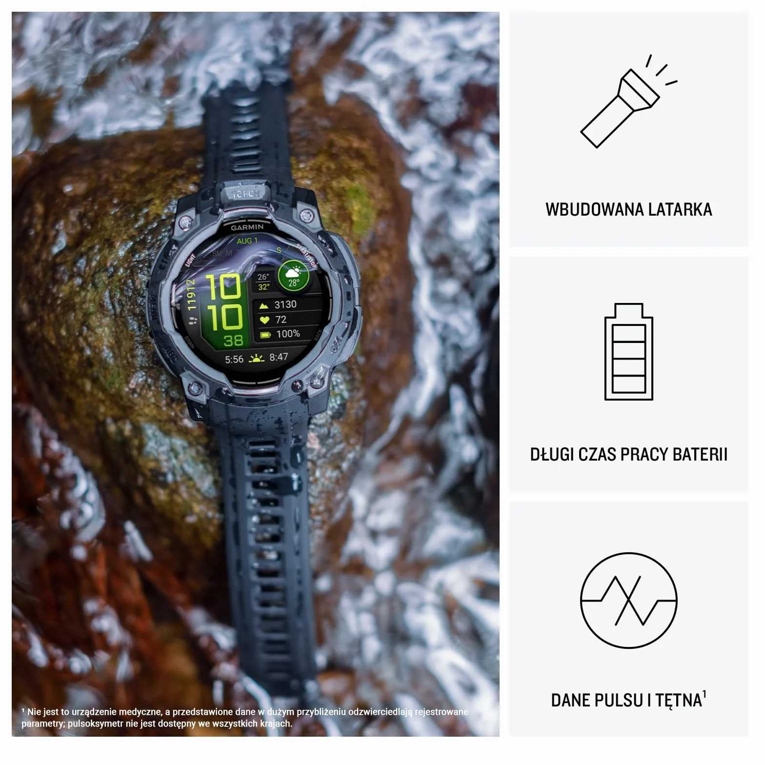 Garmin Instinct 3 [odnowiony], wytrzymały smartwatch GPS 50 mm, wbudowane aplikacje sportowe i monitorowanie zdrowia, latarka LED, odporny na wstrząsy, 10 ATM, czas pracy baterii do 24 dni, czarny