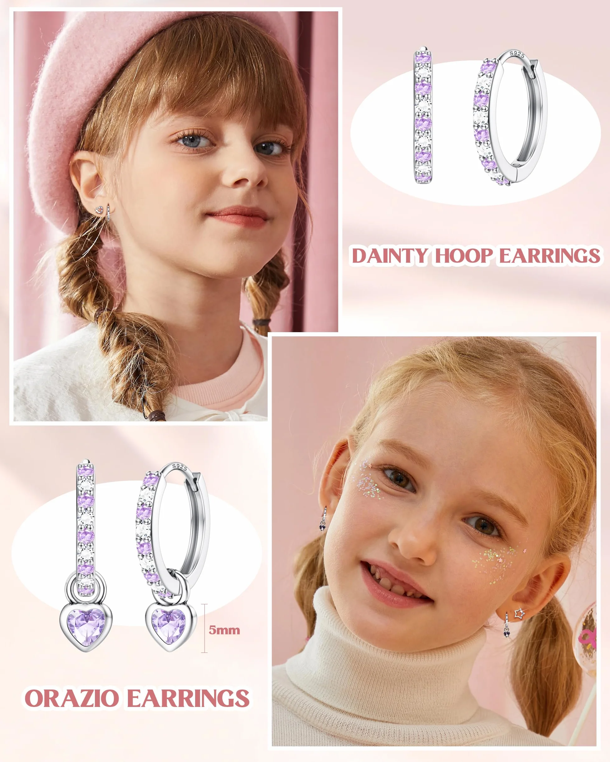 ORAZIO 3 pary srebrne kolczyki dla dzieci dziewczynka kolczyki dziecko serce gwiazda srebro kreole Helix piercing do ucha kolczyki dziecko dziewczynka