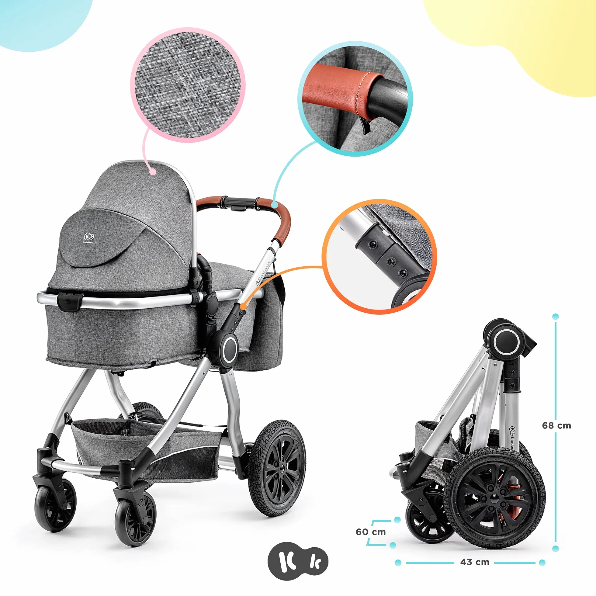 Kinderkraft Wielofunkcyjny Wózek Dziecięcy VEO 3w1, Spacerówka, System podróżny, Fotelik samochodowy i Akcesoria w zestawie, 2 Kierunki jazdy, Amortyzowane koła i stelaż, do 3 lat, Szary