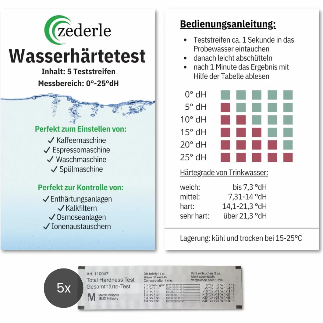 zederle 5 sztuk pasków testowych twardości wody, zestaw testowy pakowany pojedynczo, uszczelniony, niemiecki zakres twardości w dH°, test twardości wody, test wapna, test twardości całkowitej – do