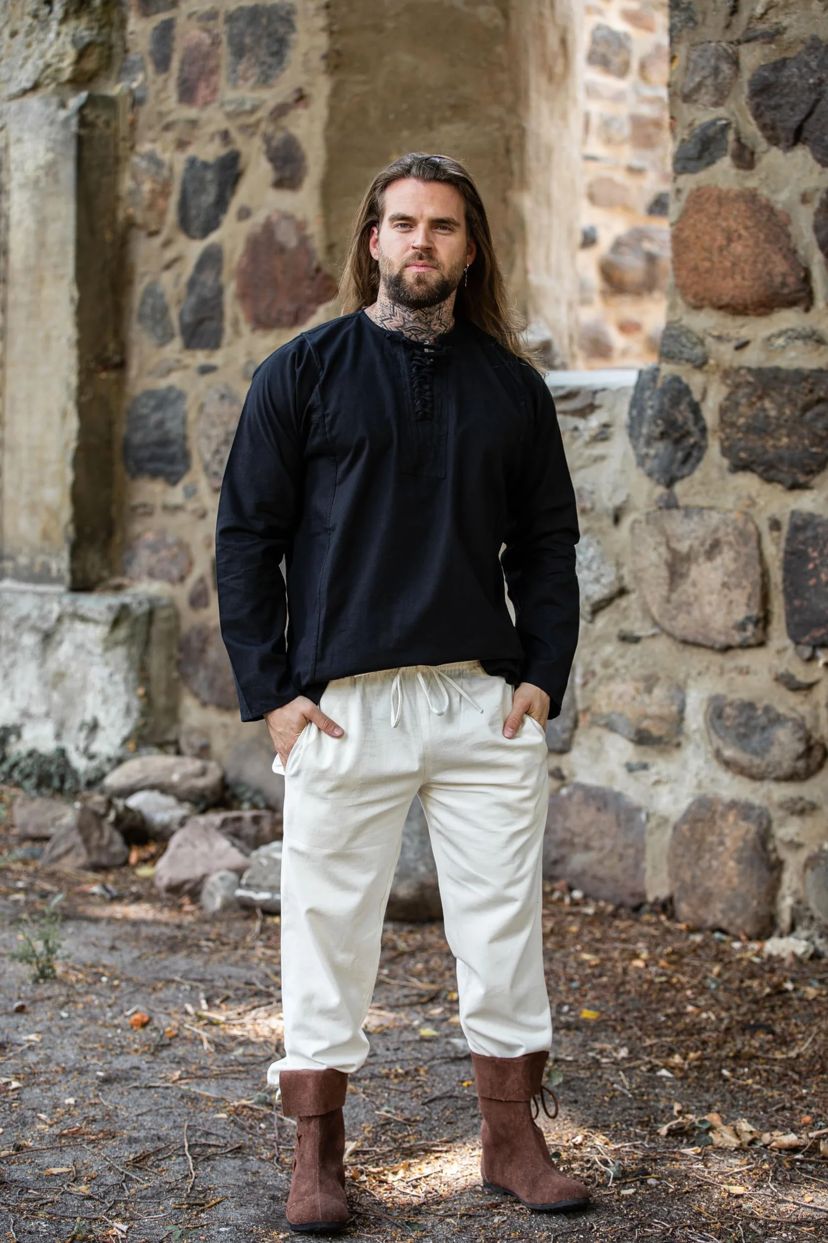 Leonardo Carbone® Miękka koszula Felix - średniowieczna odzież, średniowieczna koszula męska, odzież LARP, strój festiwalowy, kostium męski, kostium na karnawał, koszule rekreacyjne z długim rękawem -