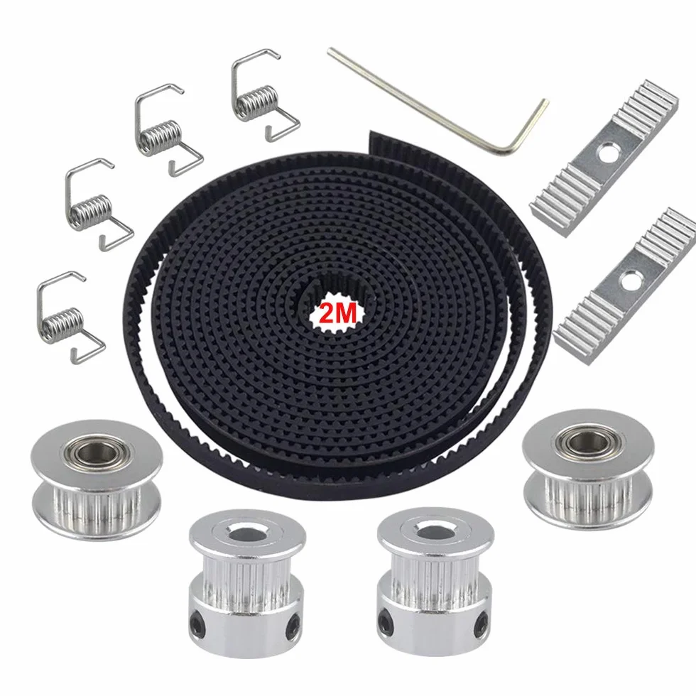 Zestaw paska rozrządu do drukarki 3D GT2, skok 2 mm, szerokość 6 mm, gumowy pasek rozrządu, z 2 szt. koła pasowego rozrządu 5 mm 20 zębów, 2 szt. koła pasowego napinacza, 4 szt. napinacza