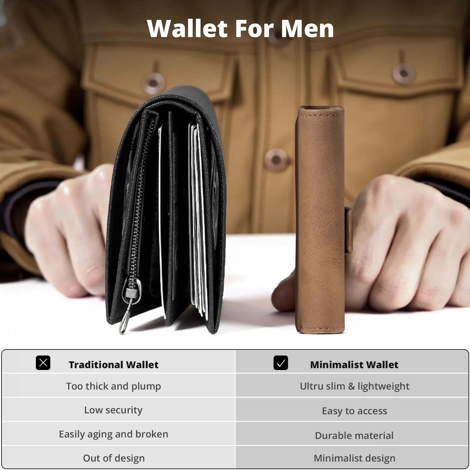 Slim Wallet z kieszenią na monety, męski portfel z ochroną RFID, portfel męski Slim Smat Wallet, etui na karty pop-up, na 10 kart, portfel męski, B03 - brązowy, Dreifach gefaltet, Minimalistyczny