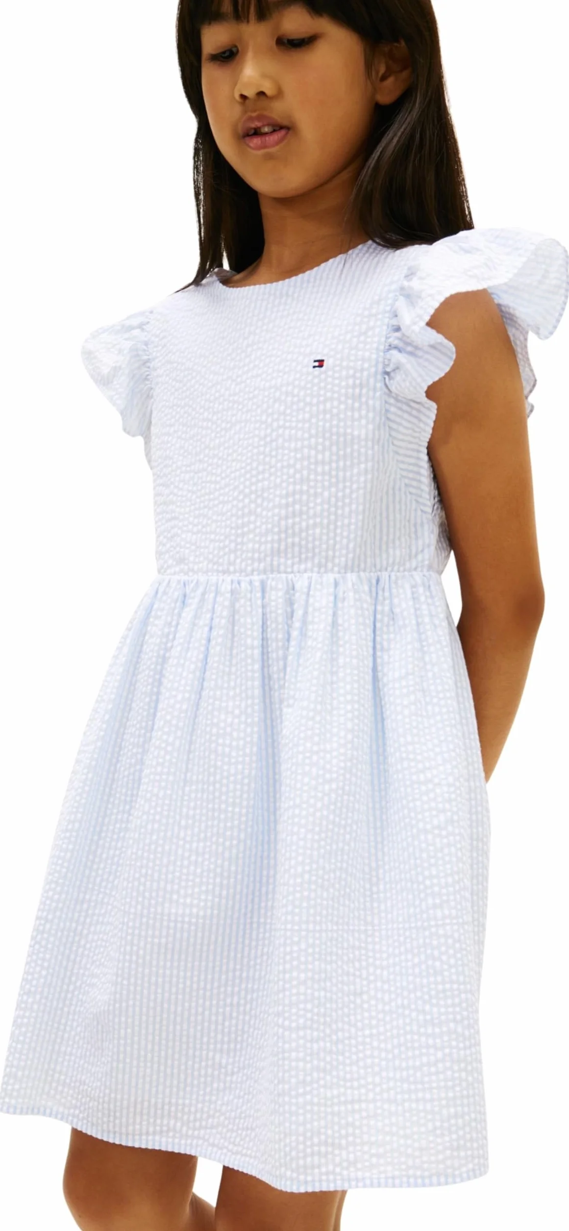 Tommy Hilfiger Dziewczęca sukienka seersucker niebieska Sweet Blue Stripes 4 lata