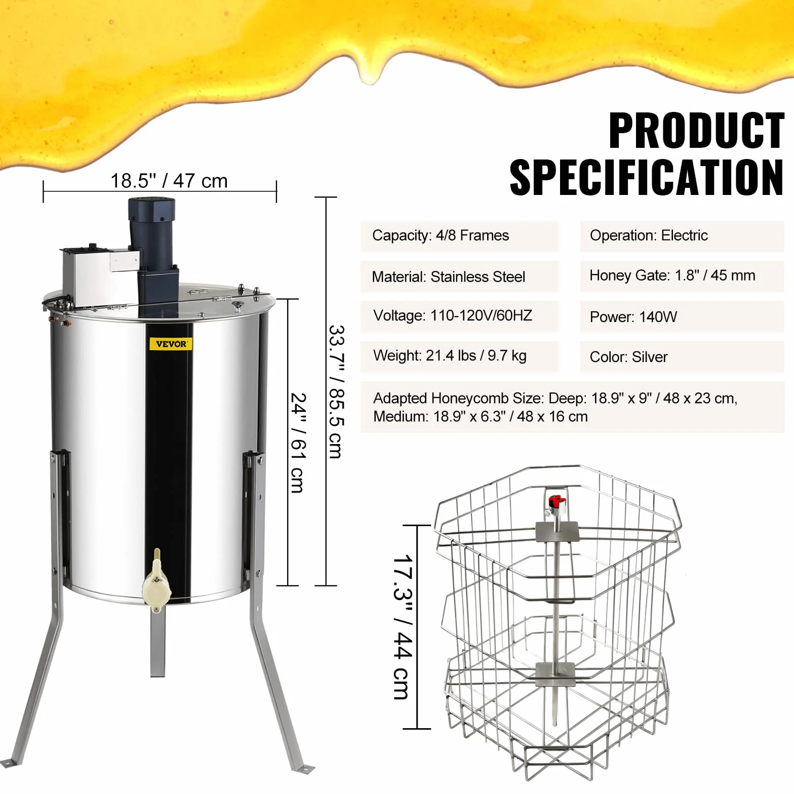 Vevor Electric Honey Extractor 4/8 F Elektryczna Wirówka do Miodu, Srebrny, 140 W