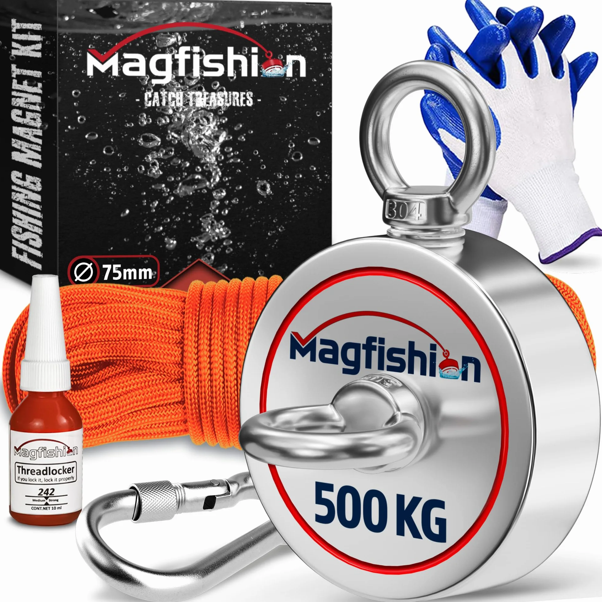 MAGFISHION Dwustronny Zestaw do Magnetycznego Wędkarstwa - Siła Przyciągania 500KG (2x 250kg) - Ø75mm - Magnes Neodymowy - Z Ciemnopomarańczową Liną (20M) & Rękawice - Magnes Ryba