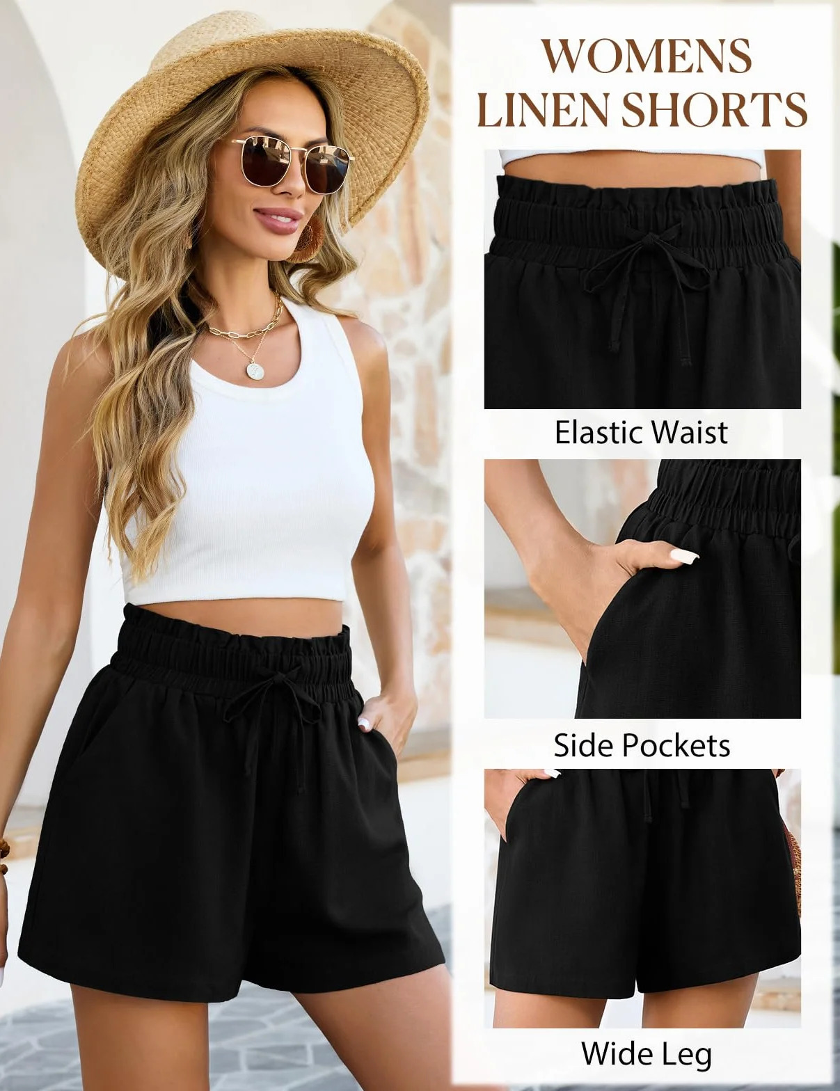 Szorty damskie letnie lniane muślinowe High Waist bermudy z kieszeniami