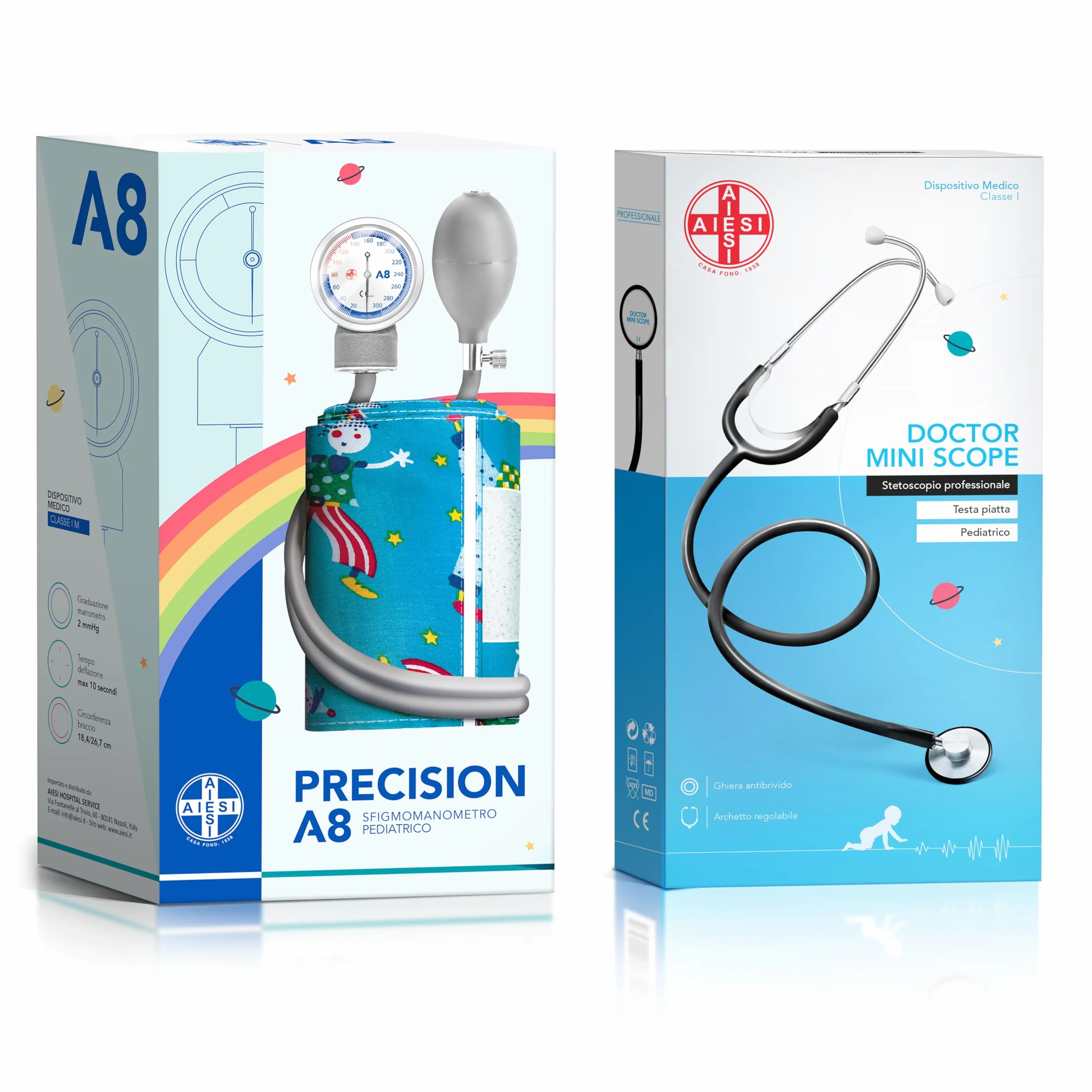 AIESI® Ciśnieniomierz Pediatryczny profesjonalny aneroid klasyczny model z płaskim stetoskopem dla dzieci PRECISION A8, 24 miesiące Gwarancji